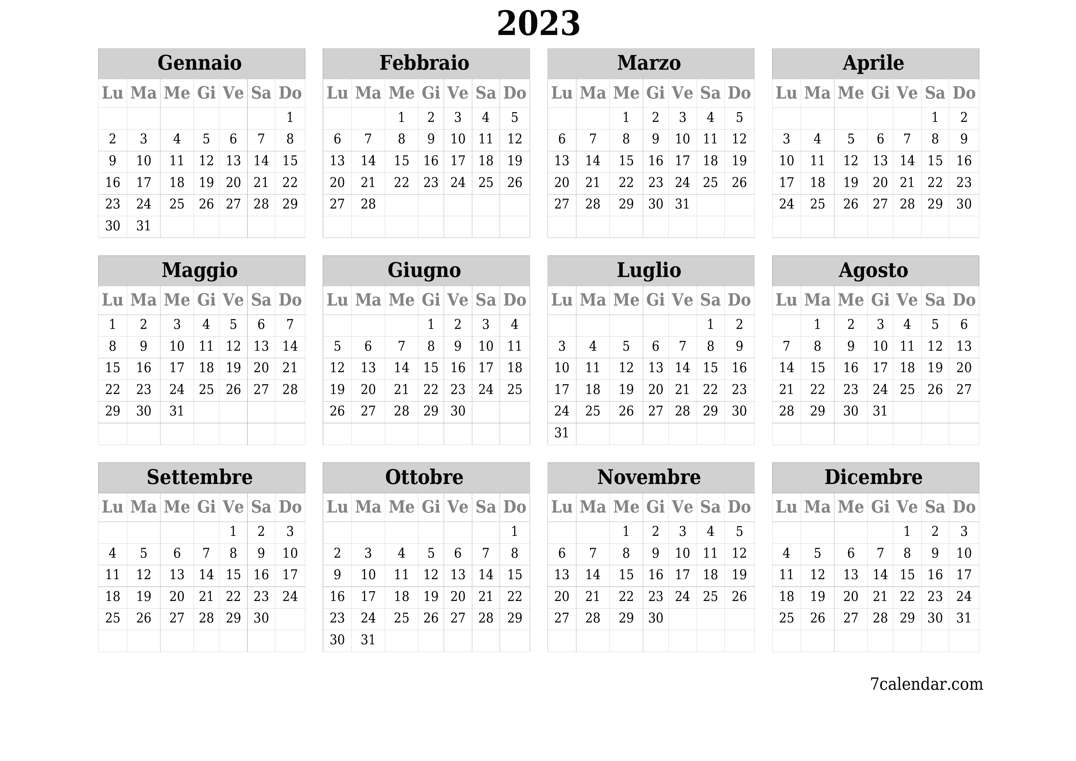 Calendario annuale vuoto per l'anno 2023 salva e stampa in PDF PNG Italian - 7calendar.com