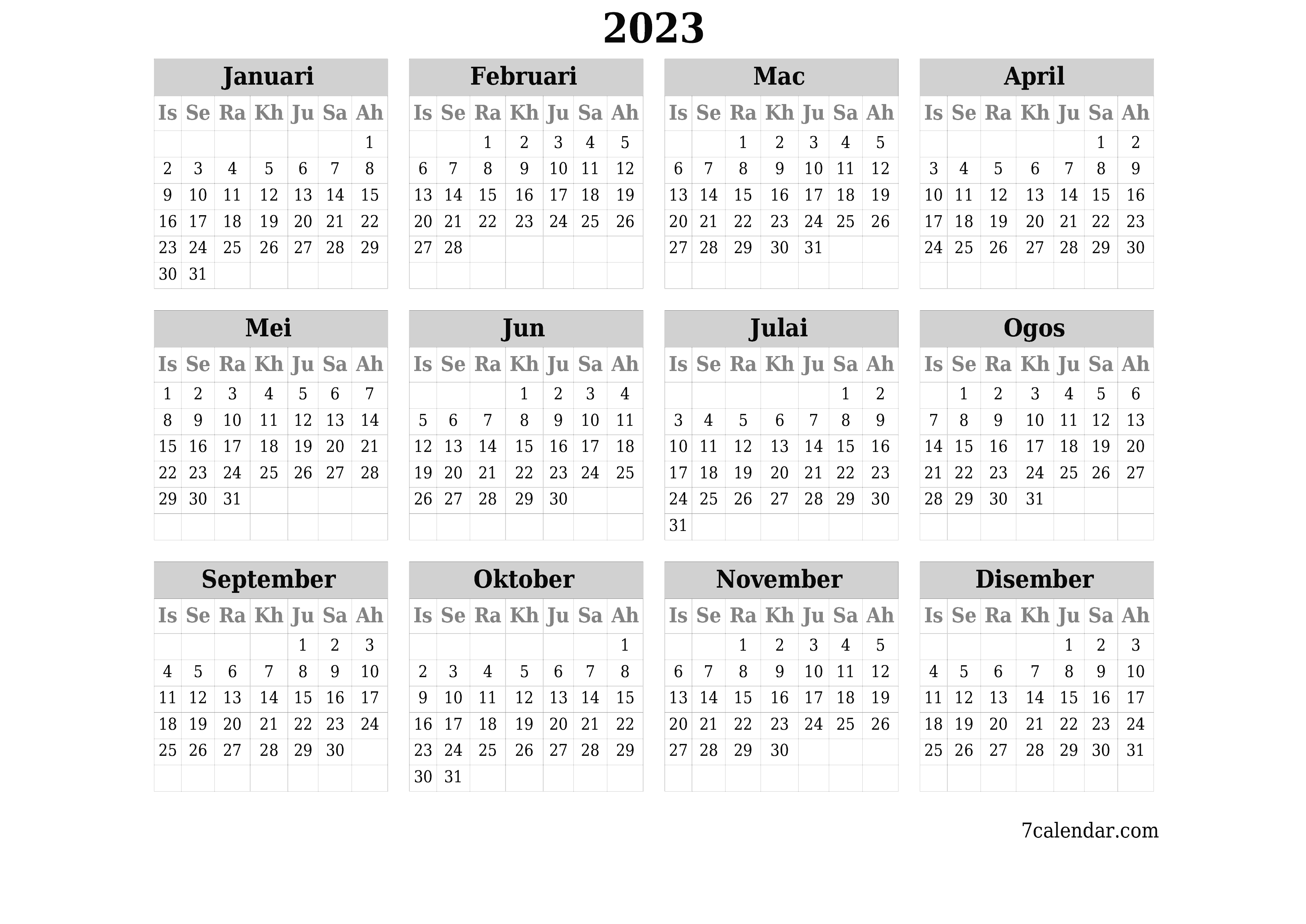 Kalendar perancang tahunan kosong untuk tahun ini 2023 dengan nota, simpan dan cetak ke PDF PNG Malay