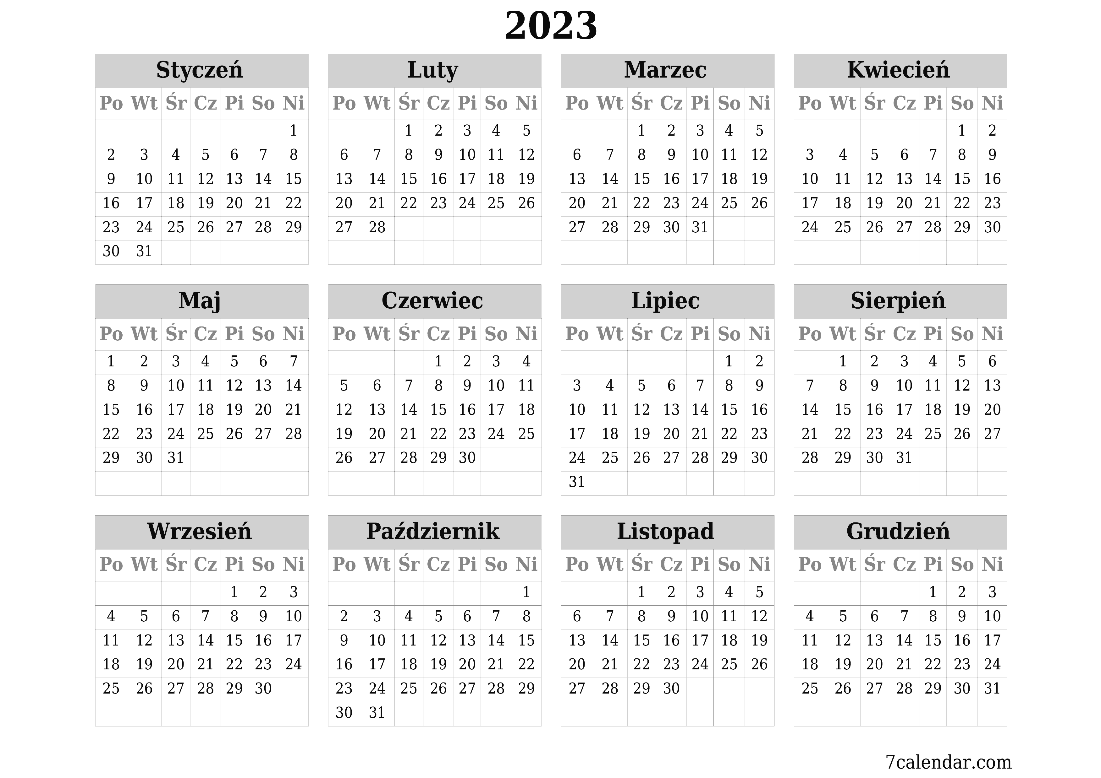  do druku ścienny szablon a darmowy poziomy Yearly kalendarz Luty (Lut) 2023