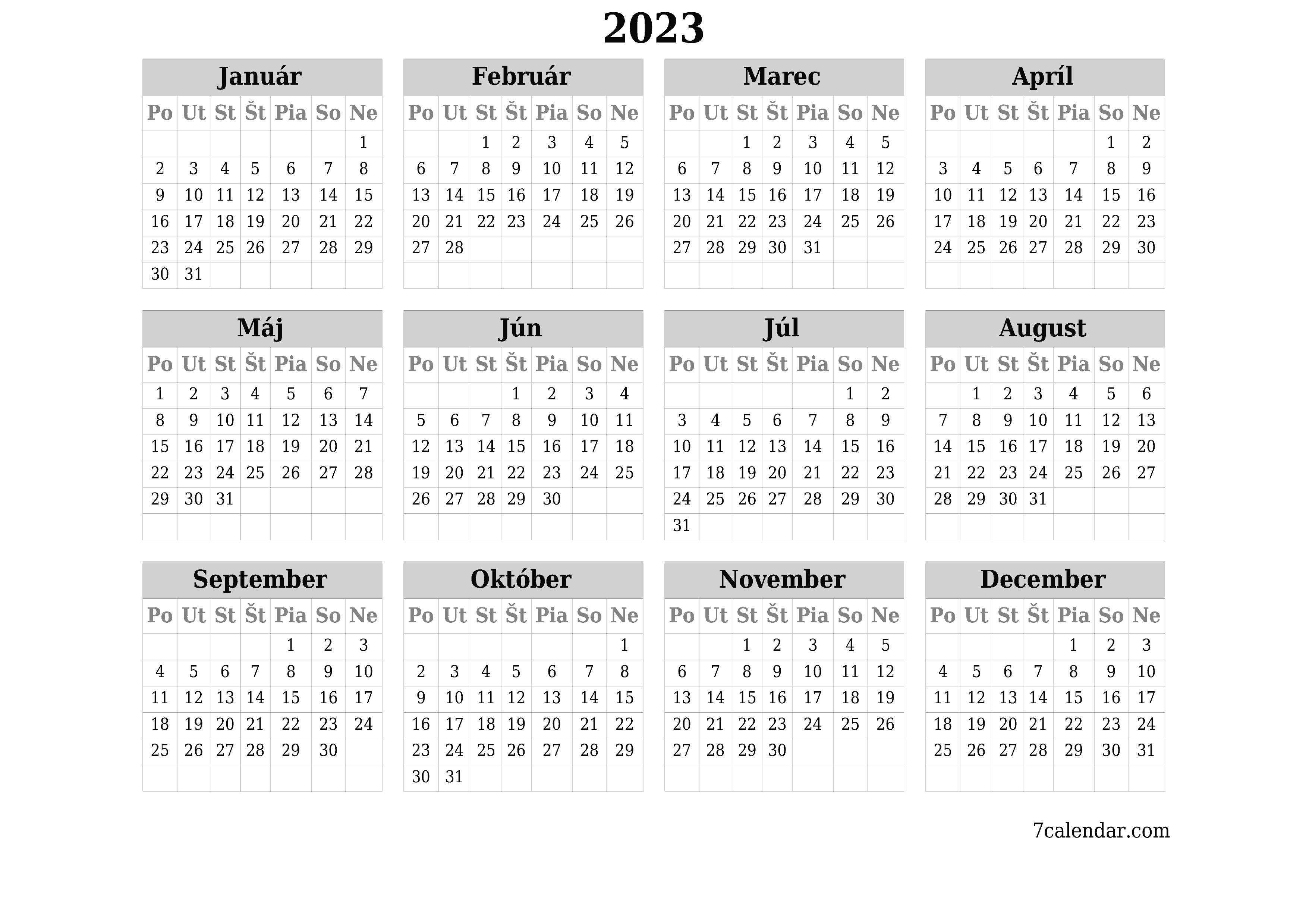Prázdny ročný kalendár plánovača na rok 2023 s poznámkami, uložením a tlačou do formátu PDF PNG Slovak - 7calendar.com