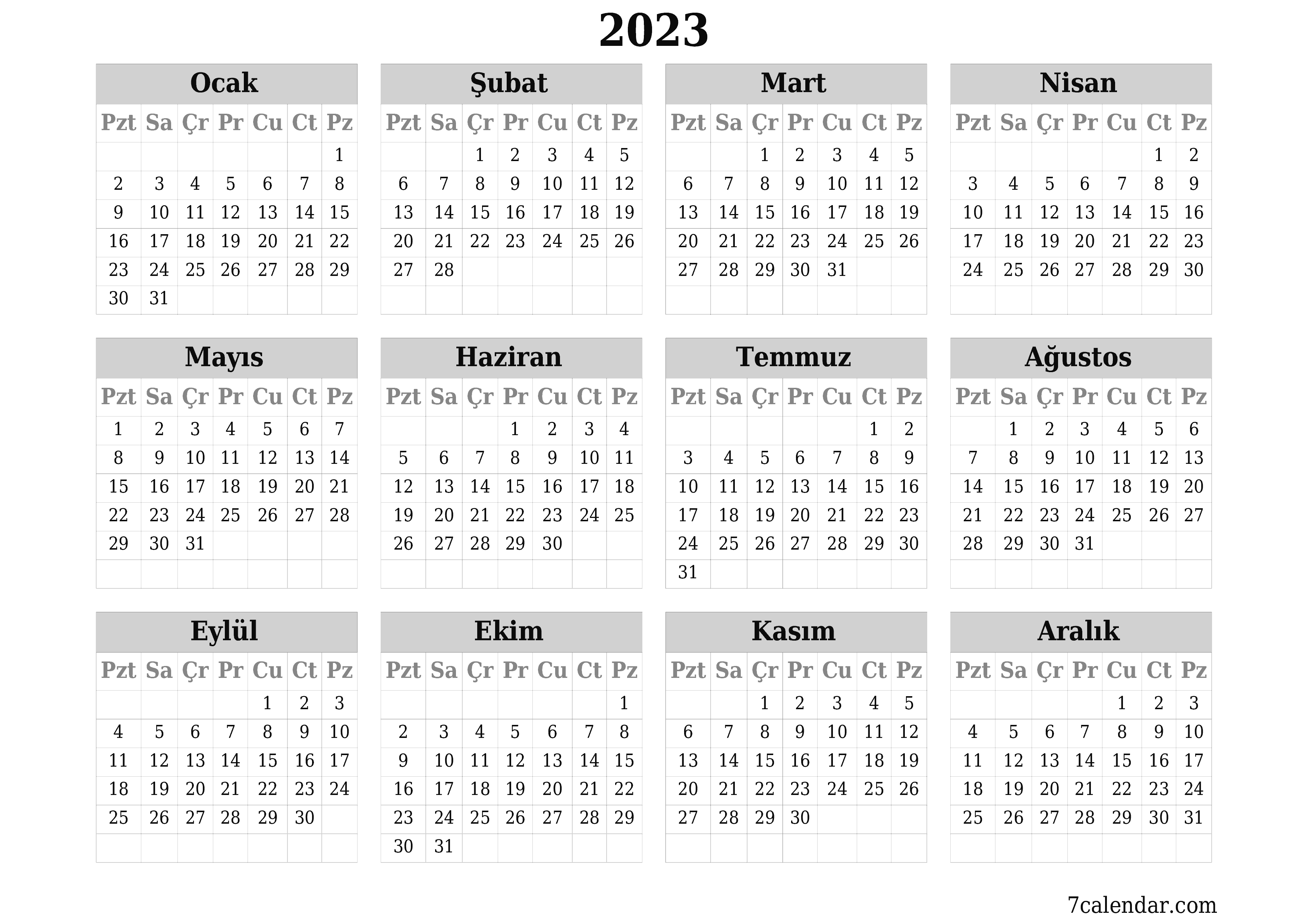 Yıl için boş yıllık takvim 2023 kaydedin ve PDF'ye yazdırın PNG Turkish - 7calendar.com
