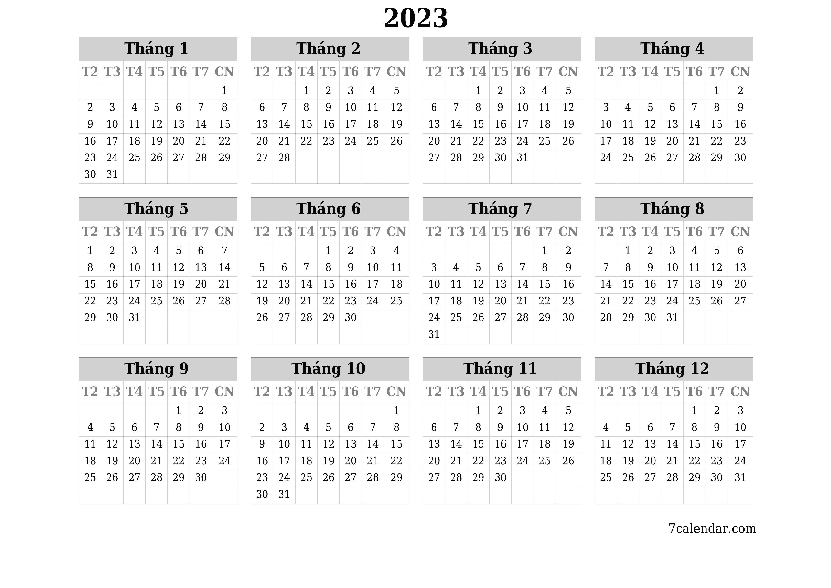 Lịch kế hoạch hàng năm trống cho năm 2023 có ghi chú, lưu và in sang PDF PNG Vietnamese - 7calendar.com