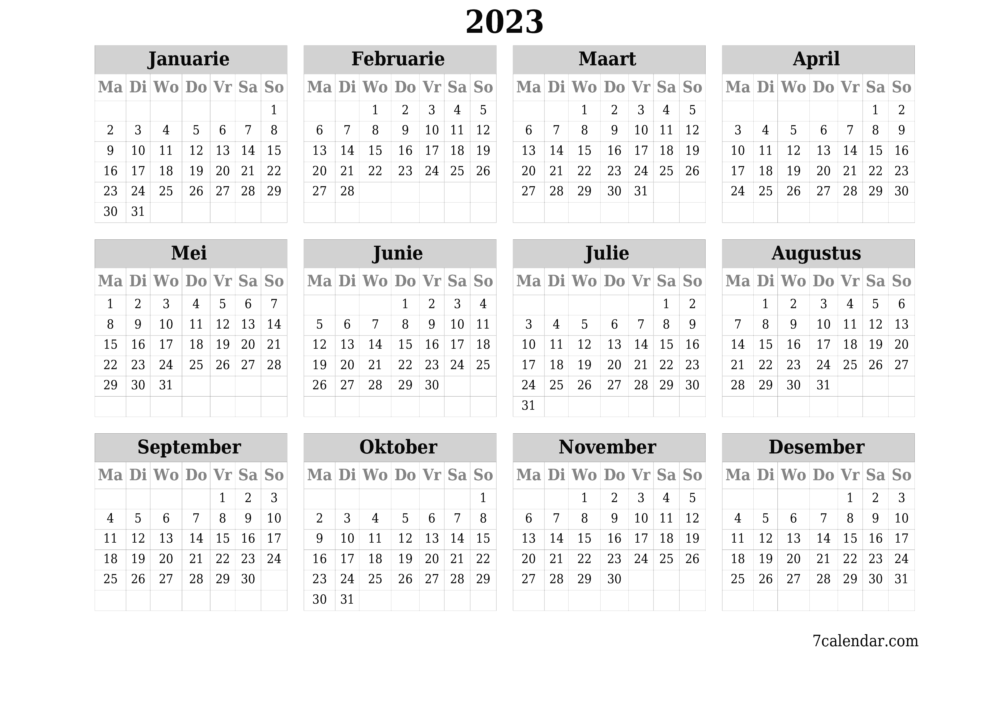 Leë jaarlikse drukbare kalender en beplanner vir die jaar 2023 met notas, stoor en druk na PDF PNG Afrikaans - 7calendar.com