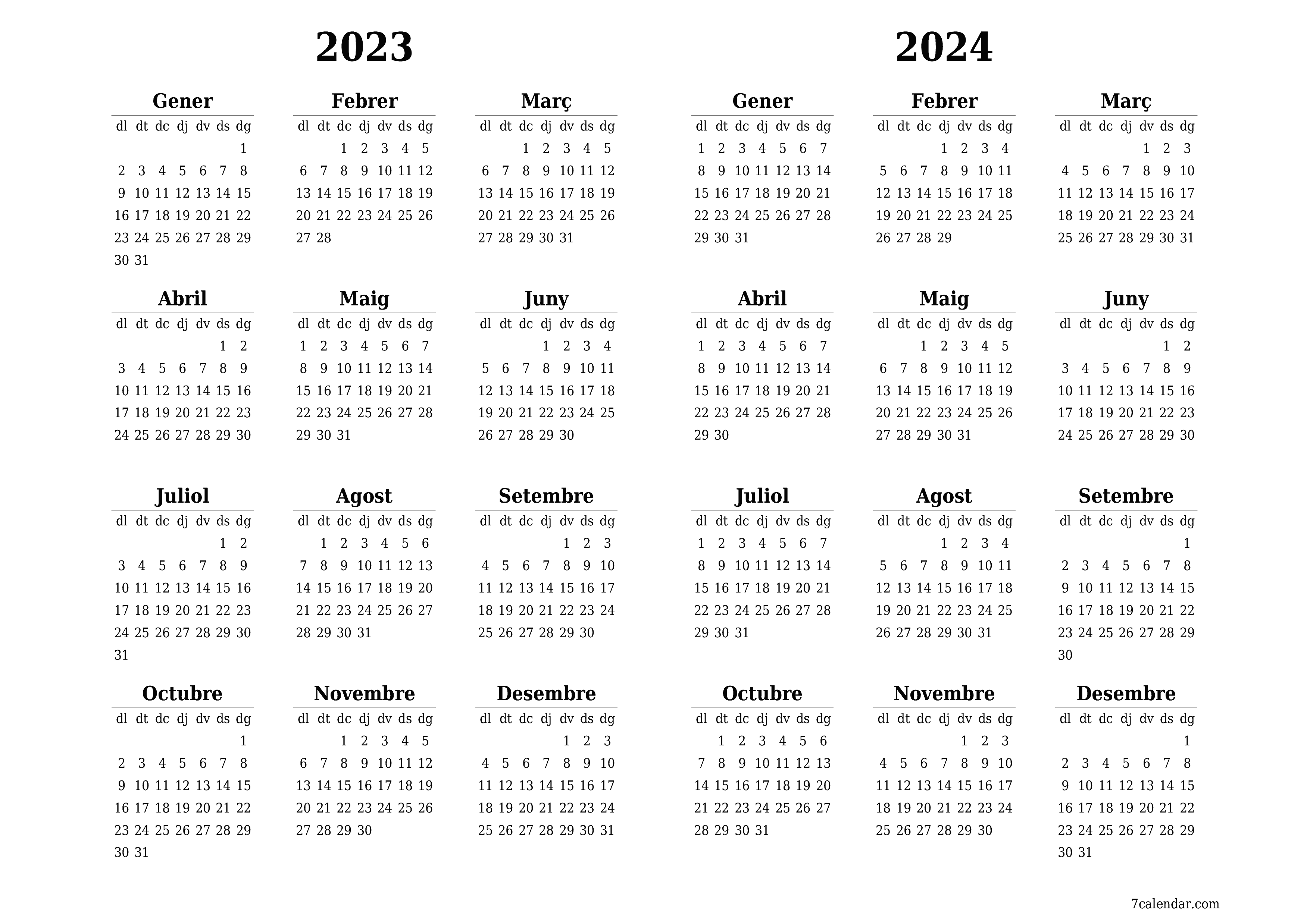 Planificador anual buit 2023, 2024 amb notes desades i imprimides en PDF PNG Catalan - 7calendar.com