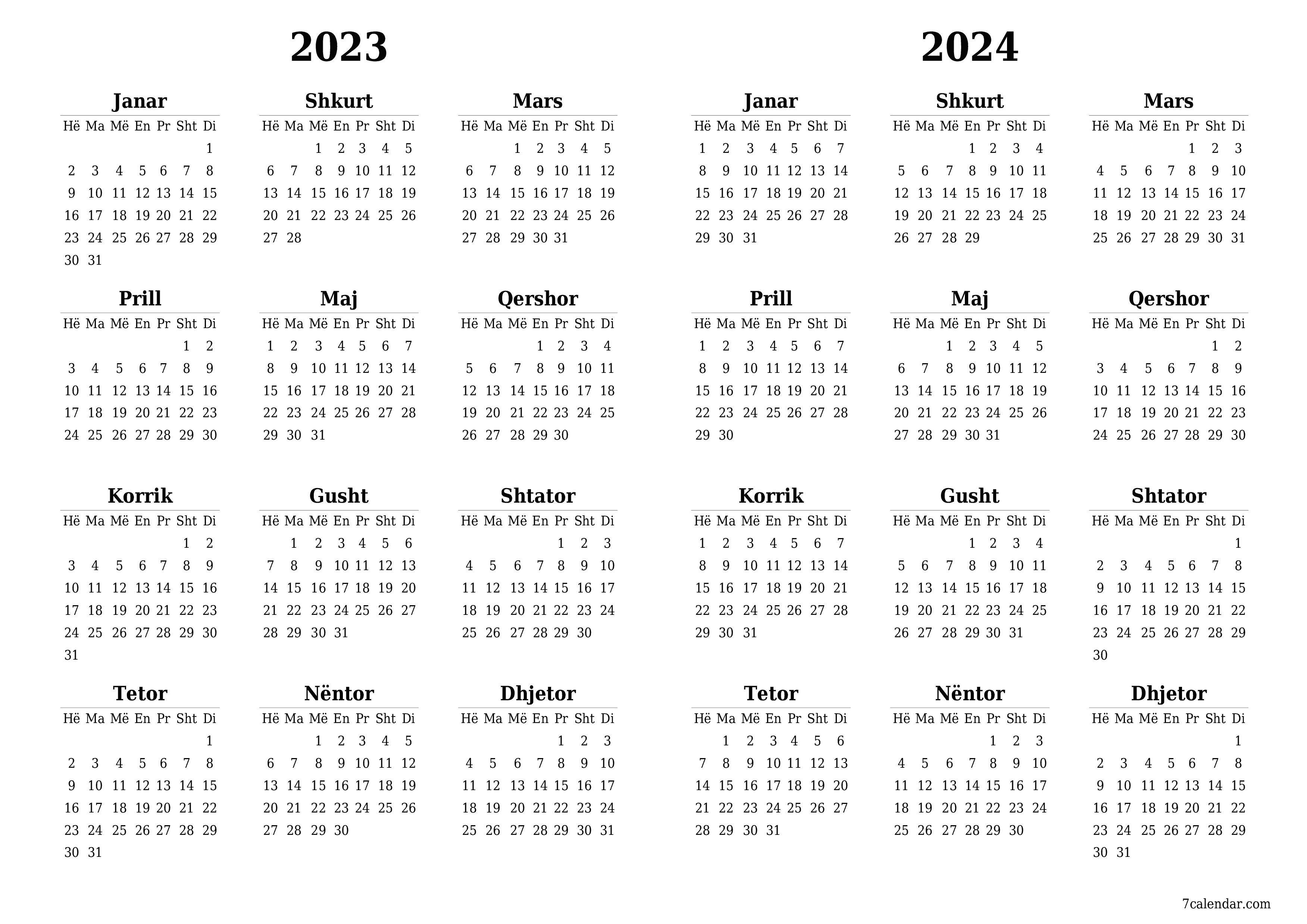 Kalendari bosh vjetor për vitin 2023, 2024 ruaj dhe printo në PDF PNG Albanian - 7calendar.com