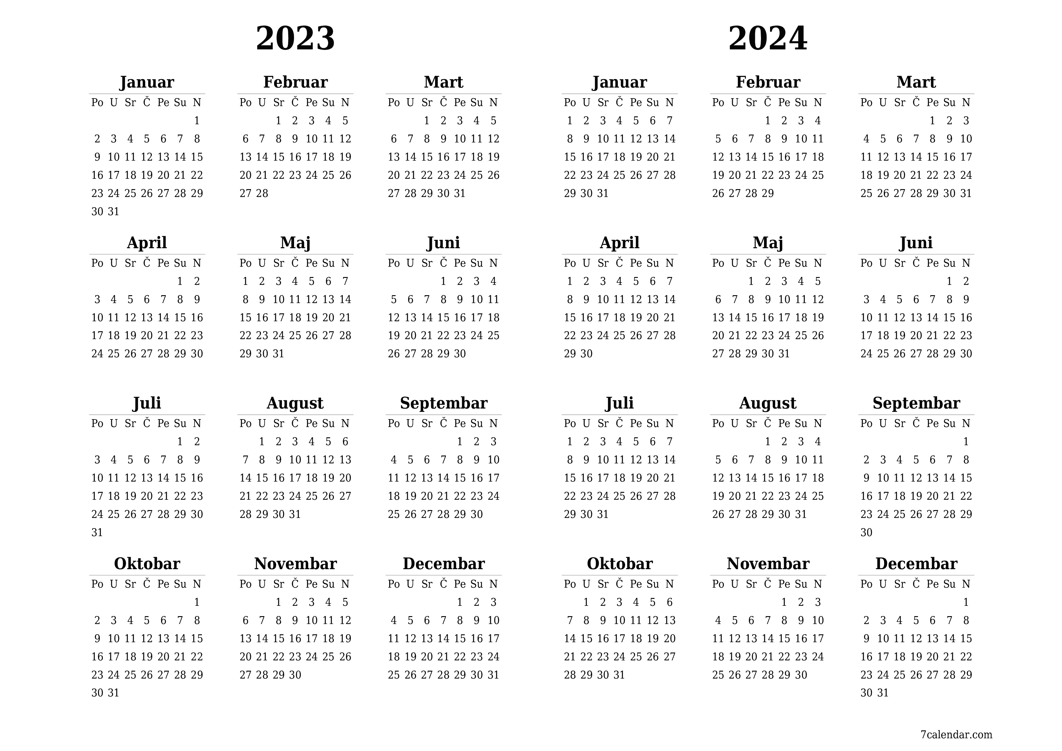 Ispraznite godišnji kalendar planera za godinu 2023, 2024 s bilješkama, spremite i ispišite u PDF PNG Bosnian - 7calendar.com