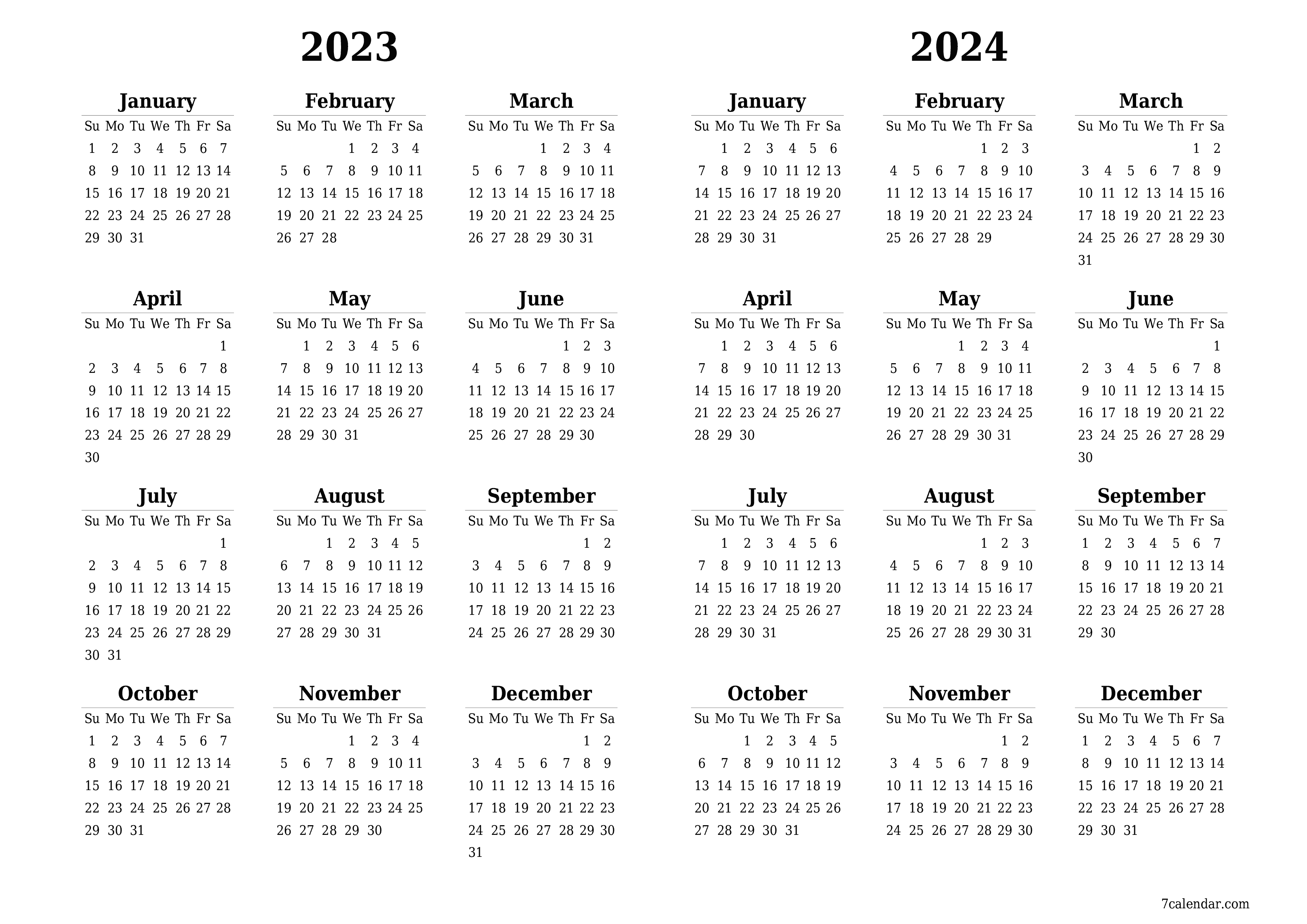 Blank yearly printable calendar and planner for the year 2023, 2024 with notes, save and print to PDF PNG English - 7calendar.com