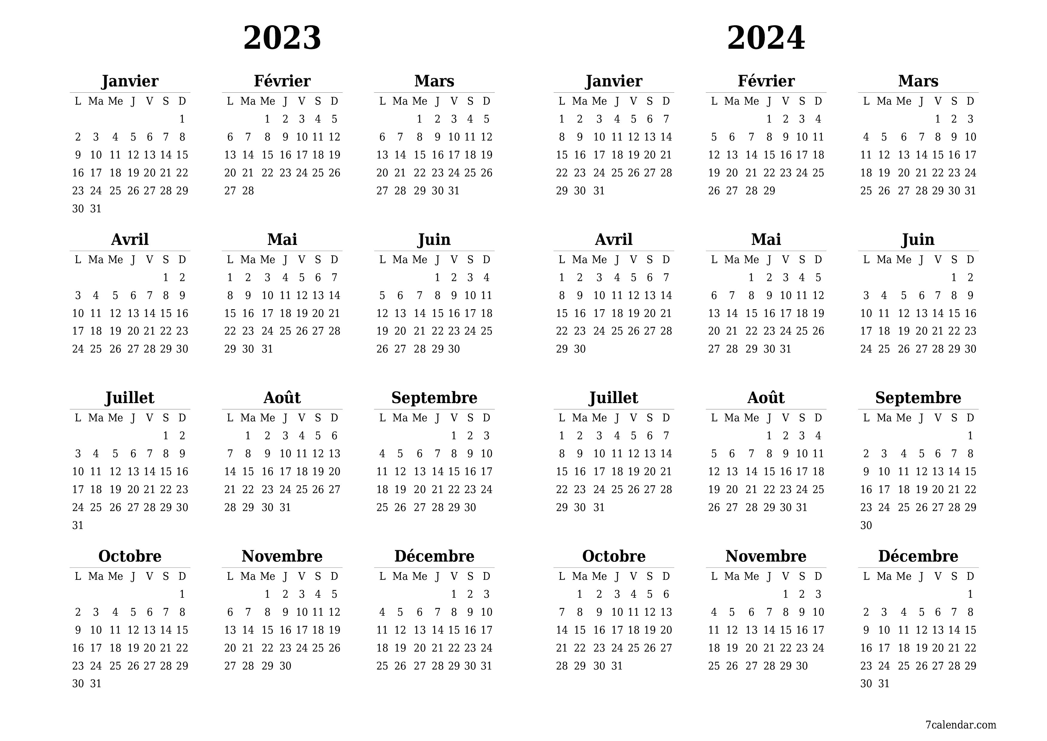 Calendrier annuel vierge pour l'année 2023, 2024 enregistrer et imprimer au format PDF PNG French - 7calendar.com