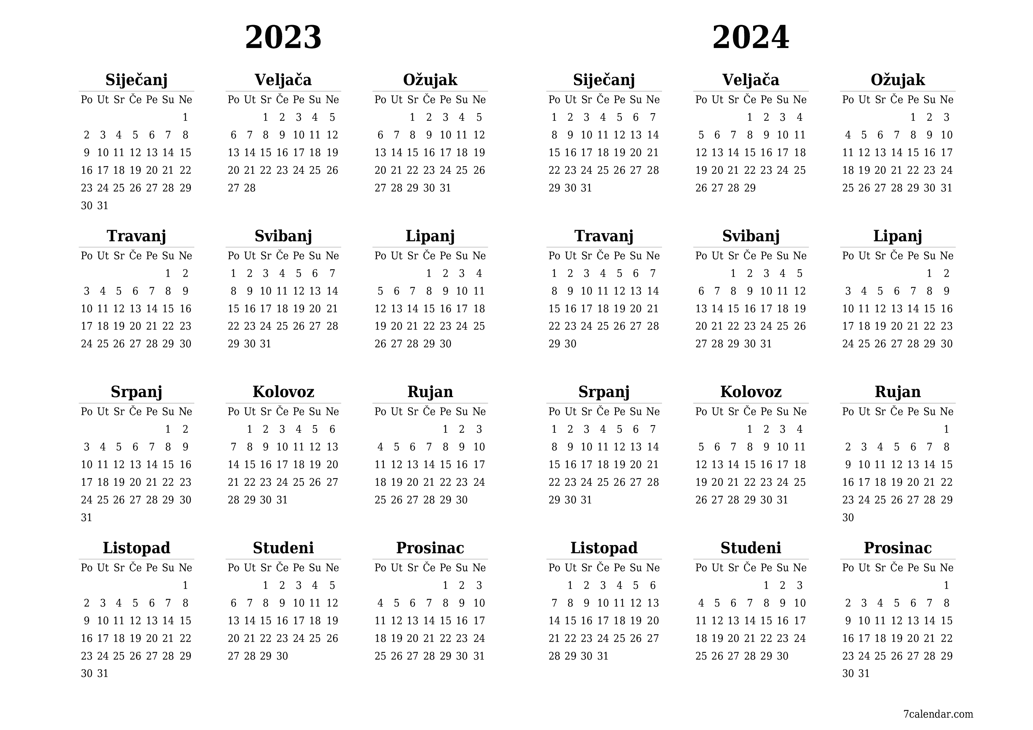 Ispraznite godišnji kalendar planera za godinu 2023, 2024 s bilješkama, spremite i ispišite u PDF PNG Croatian