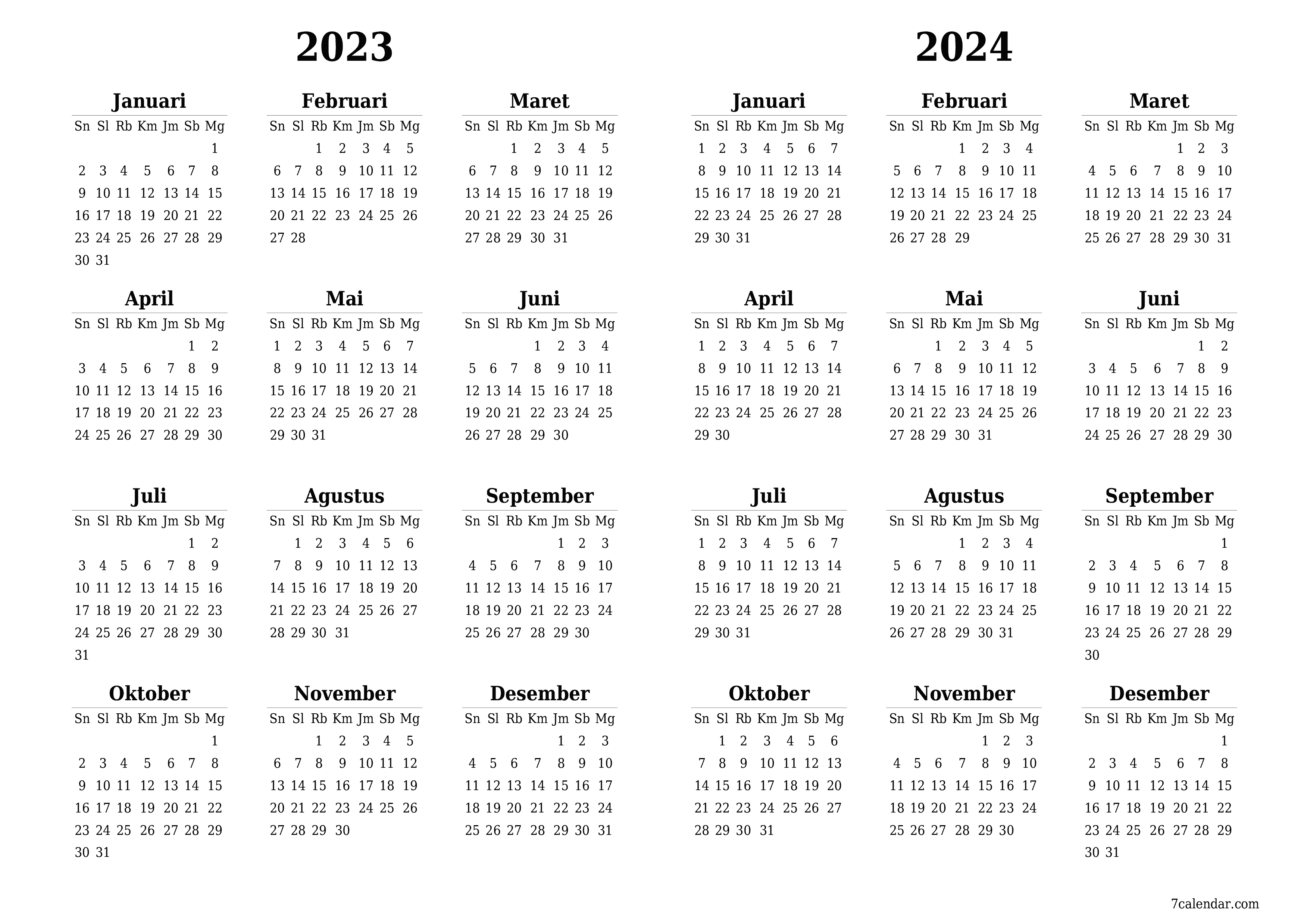 Kalender tahunan kosong untuk tahun 2023, 2024 simpan dan cetak ke PDF PNG Indonesian - 7calendar.com