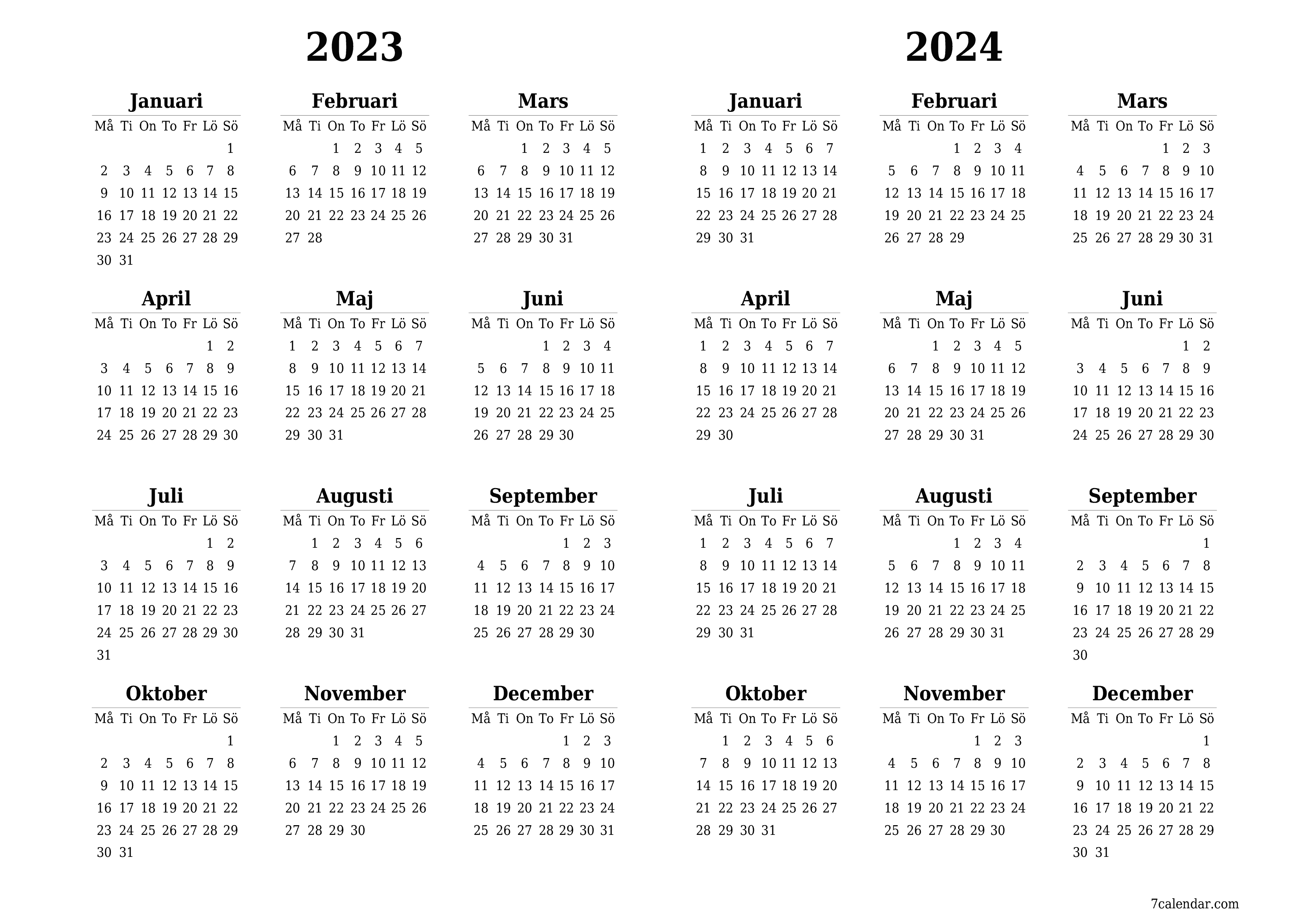 Tom årskalender för år 2023, 2024 spara och skriv ut till PDF PNG Swedish - 7calendar.com