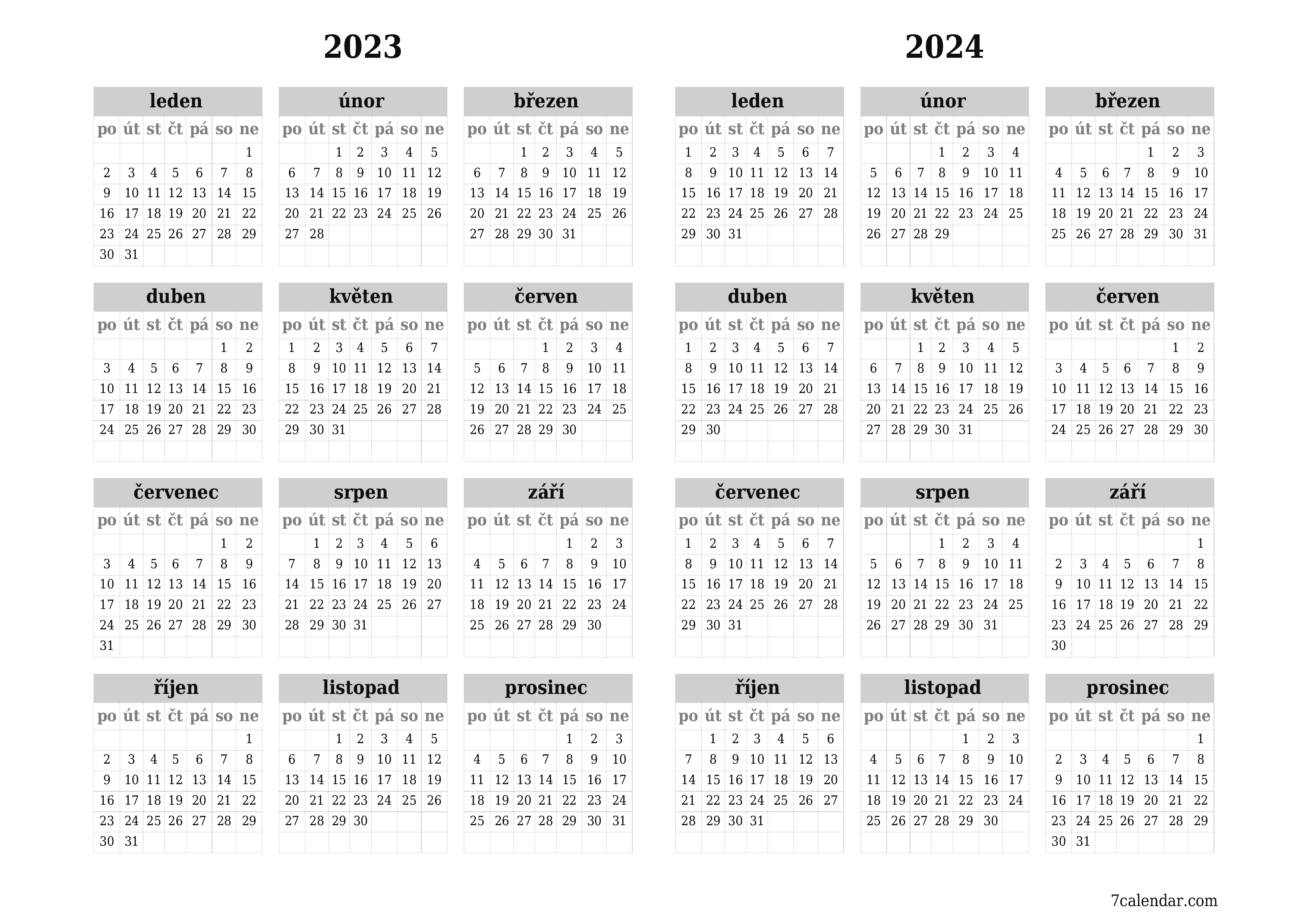 Prázdný roční kalendář plánovače pro rok 2023, 2024 s poznámkami, uložením a tiskem do PDF PNG Czech - 7calendar.com
