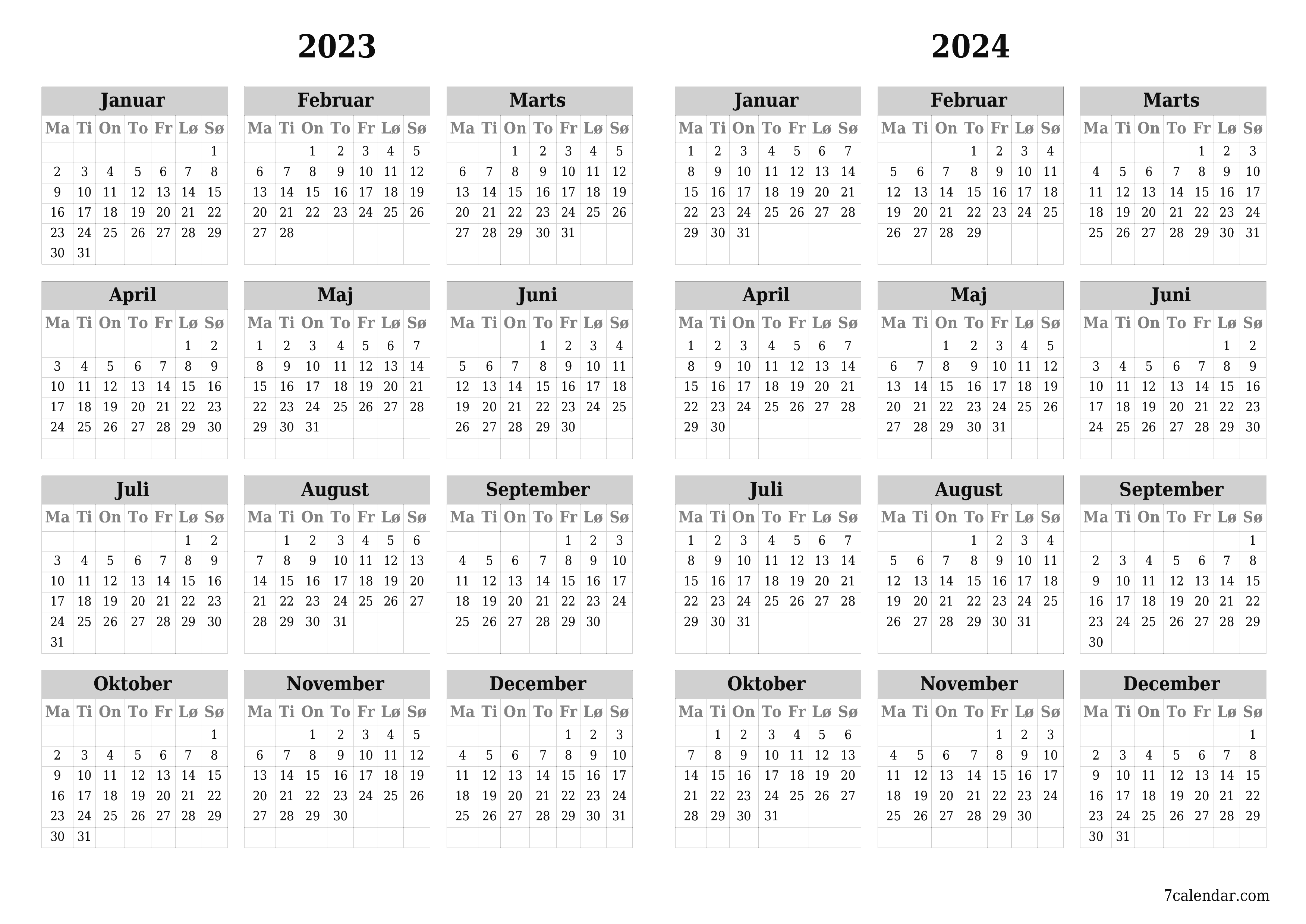 Tom årlig planlægningskalender for året 2023, 2024 med noter, gem og udskriv til PDF PNG Danish - 7calendar.com