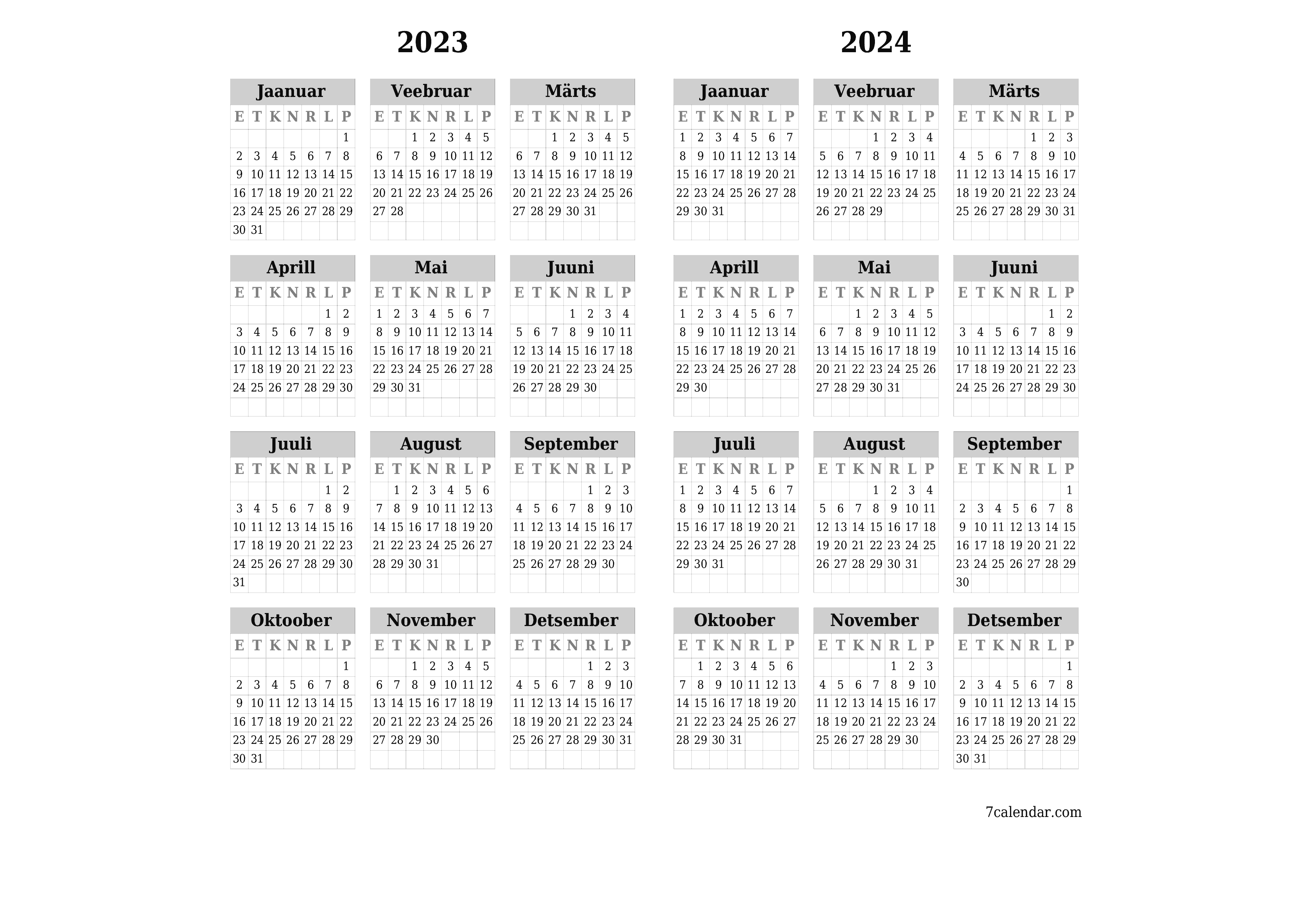 Aasta tühi aastakalender 2023, 2024 salvestage ja printige PDF-i PNG Estonian - 7calendar.com