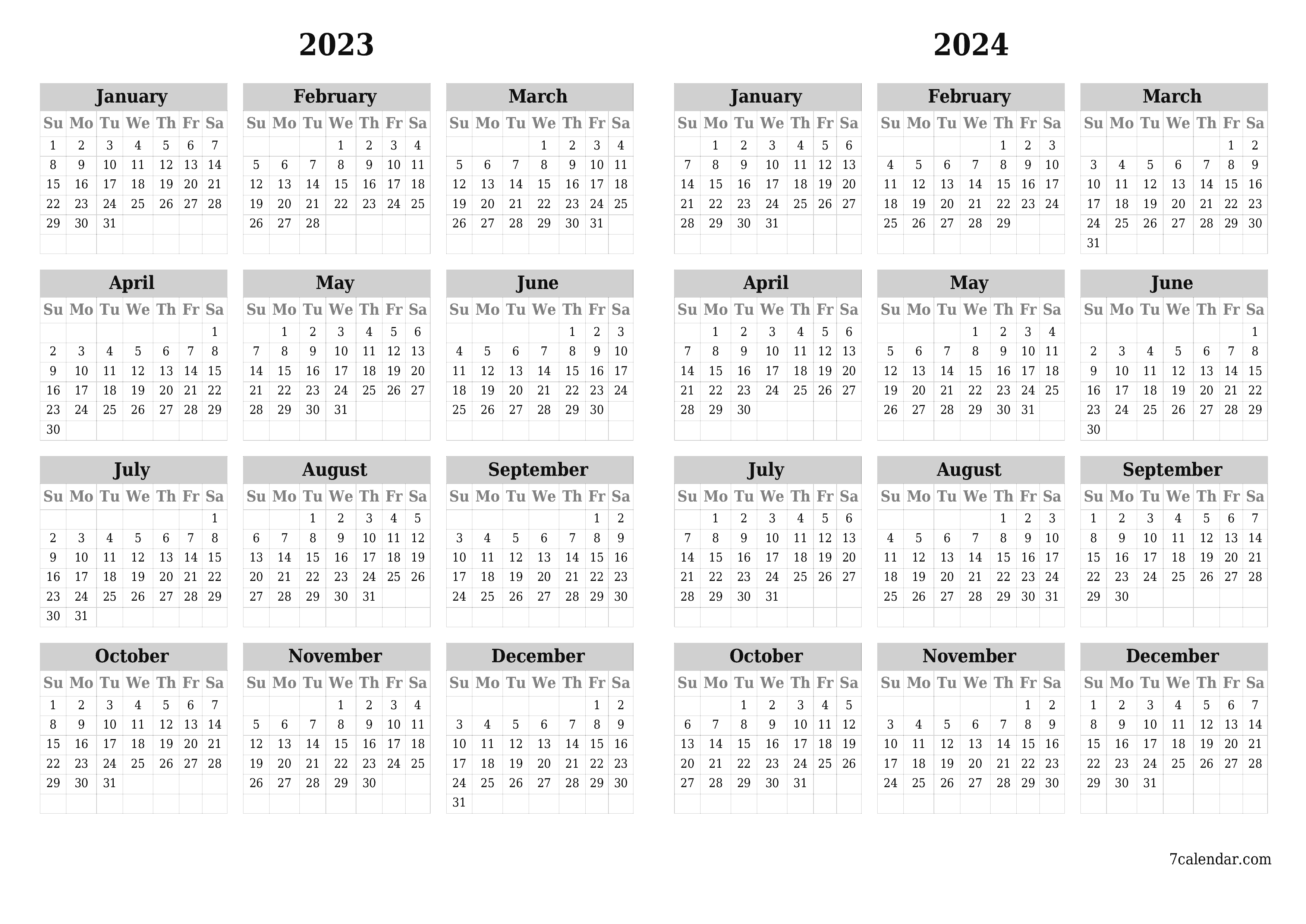 Blank yearly dated HD template image of calendar for year 2023, 2024 save and print to PDF PNG English - 7calendar.com