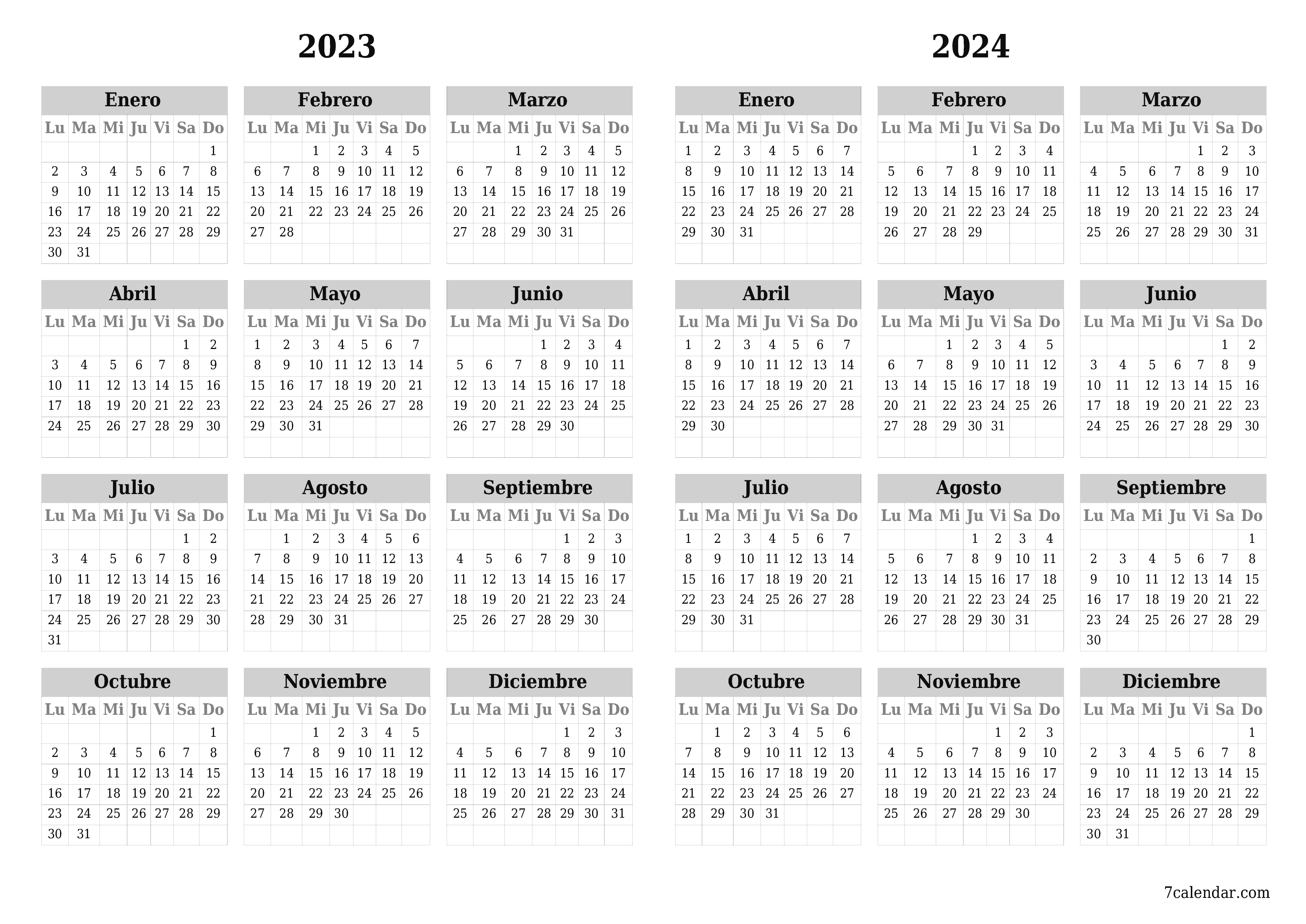 Calendario anual en blanco para el año 2023, 2024 guardar e imprimir en PDF PNG Spanish - 7calendar.com