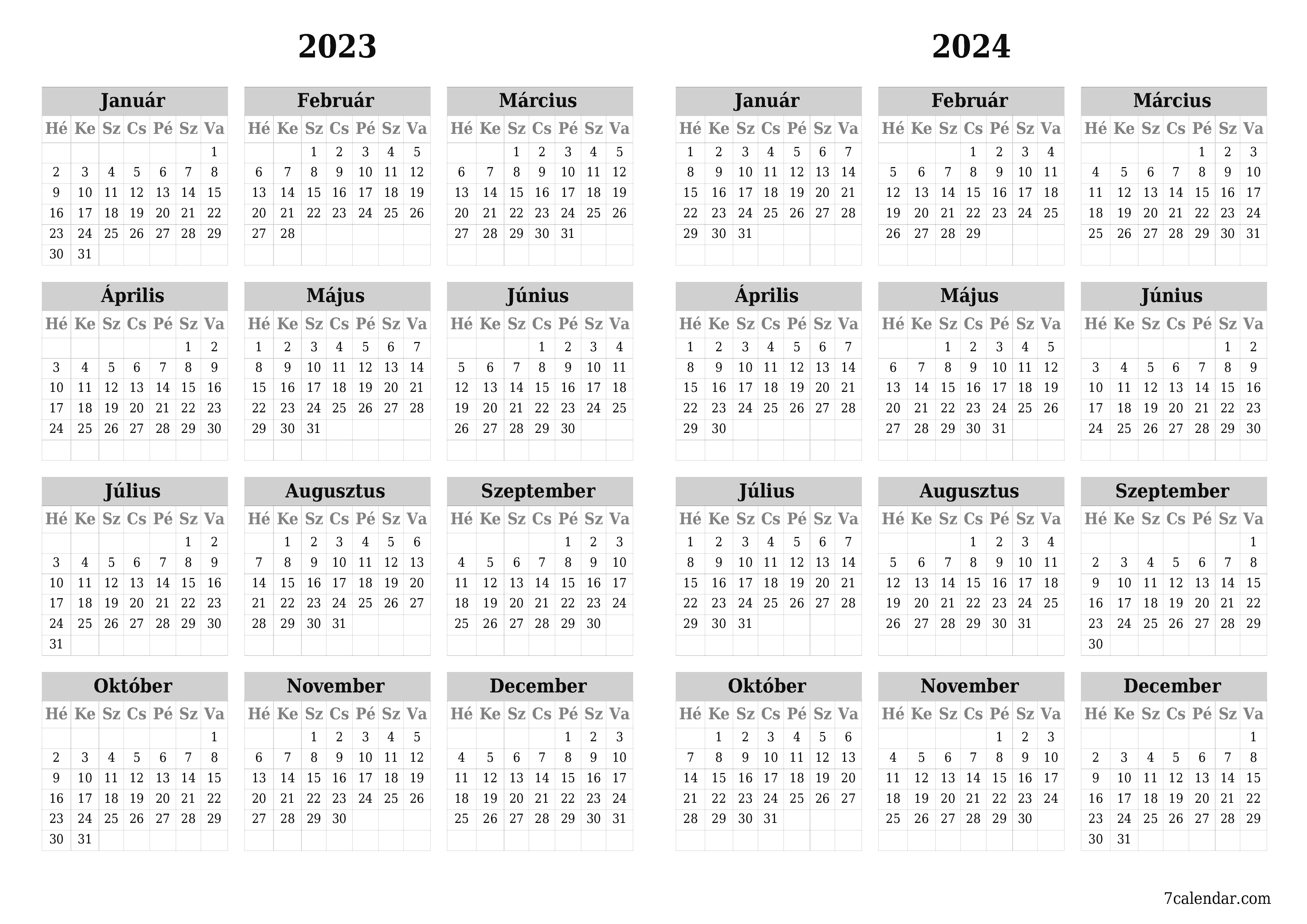 nyomtatható fali sablon ingyenes vízszintes Éves naptár Március (Már) 2023