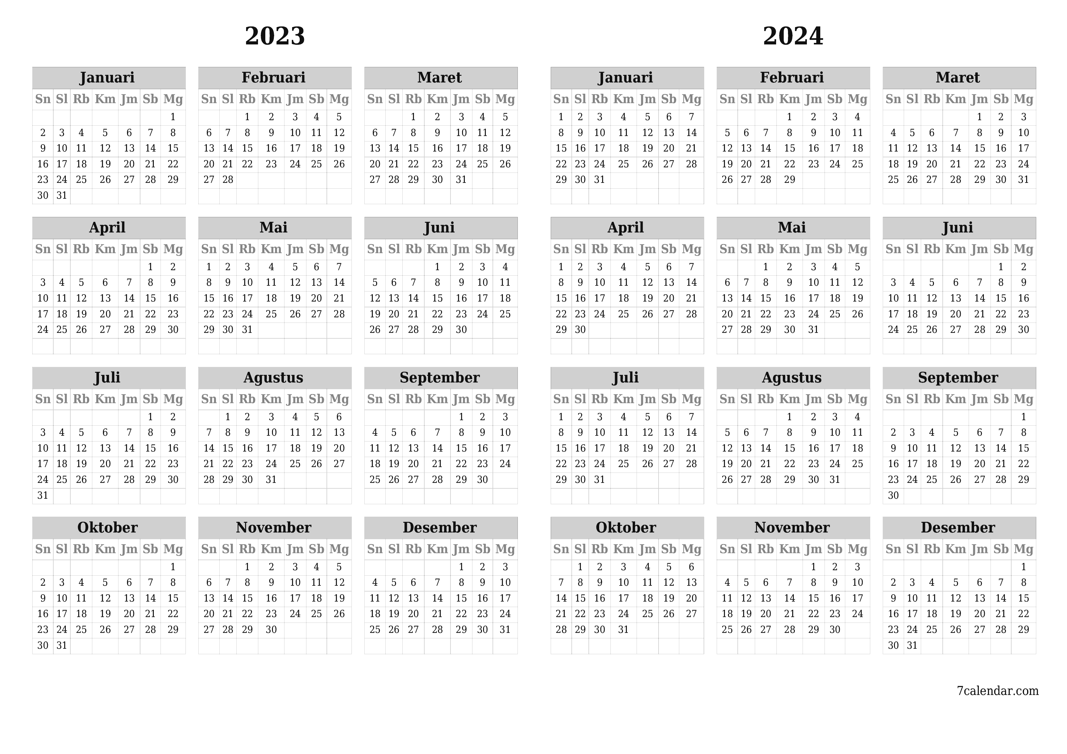 Kalender tahunan kosong untuk tahun 2023, 2024 simpan dan cetak ke PDF PNG Indonesian - 7calendar.com