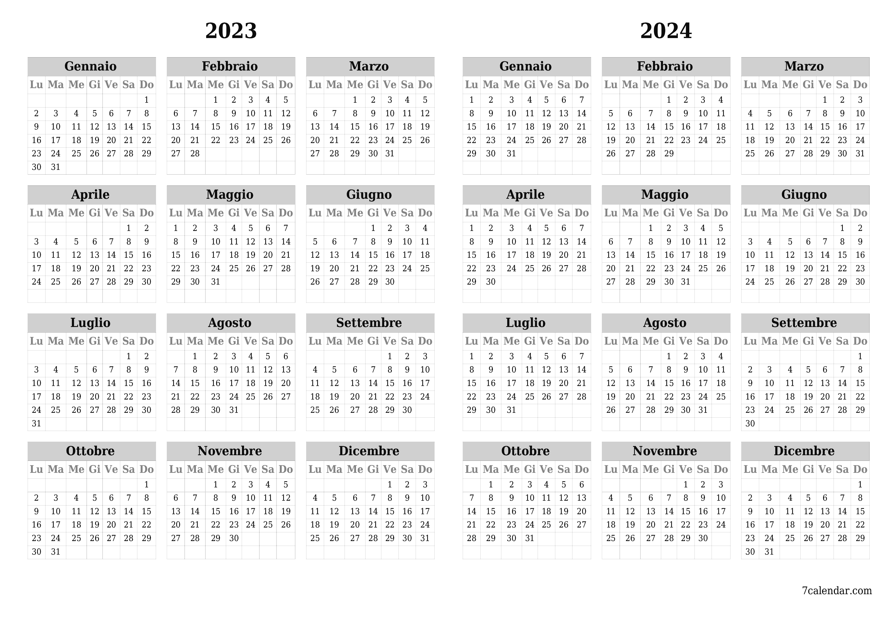 Calendario pianificatore annuale vuoto per l'anno 2023, 2024 con note, salva e stampa in PDF PNG Italian