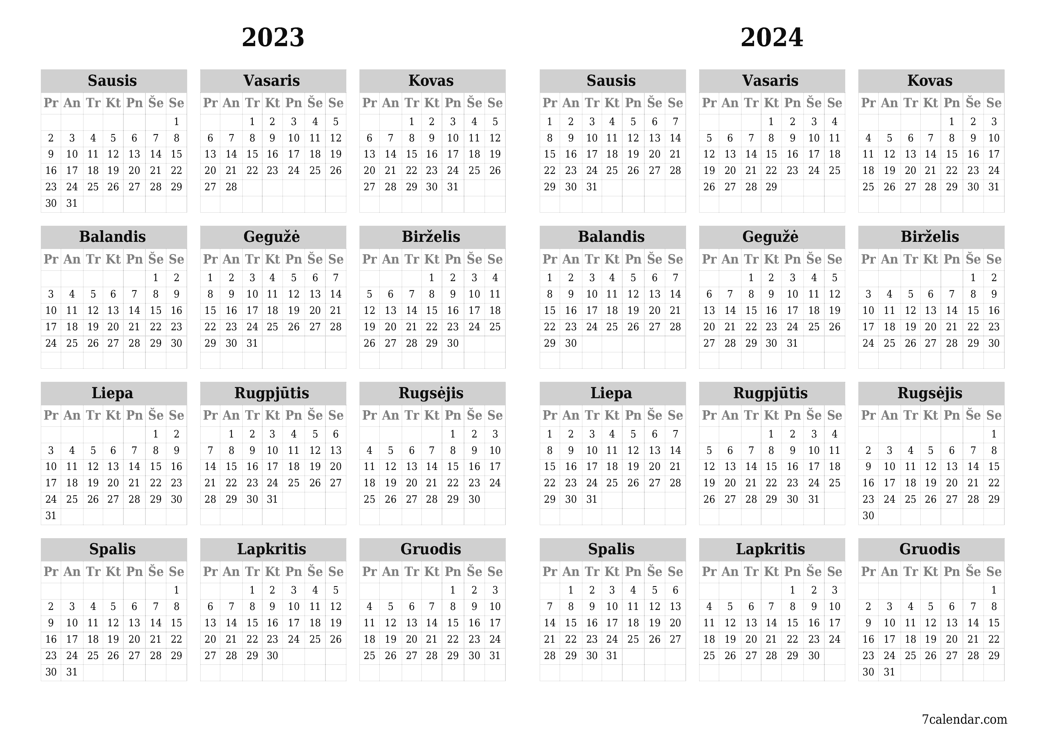 Tuščias metų planavimo kalendorius 2023, 2024 su užrašais, išsaugokite ir atsispausdinkite PDF formatu PNG Lithuanian