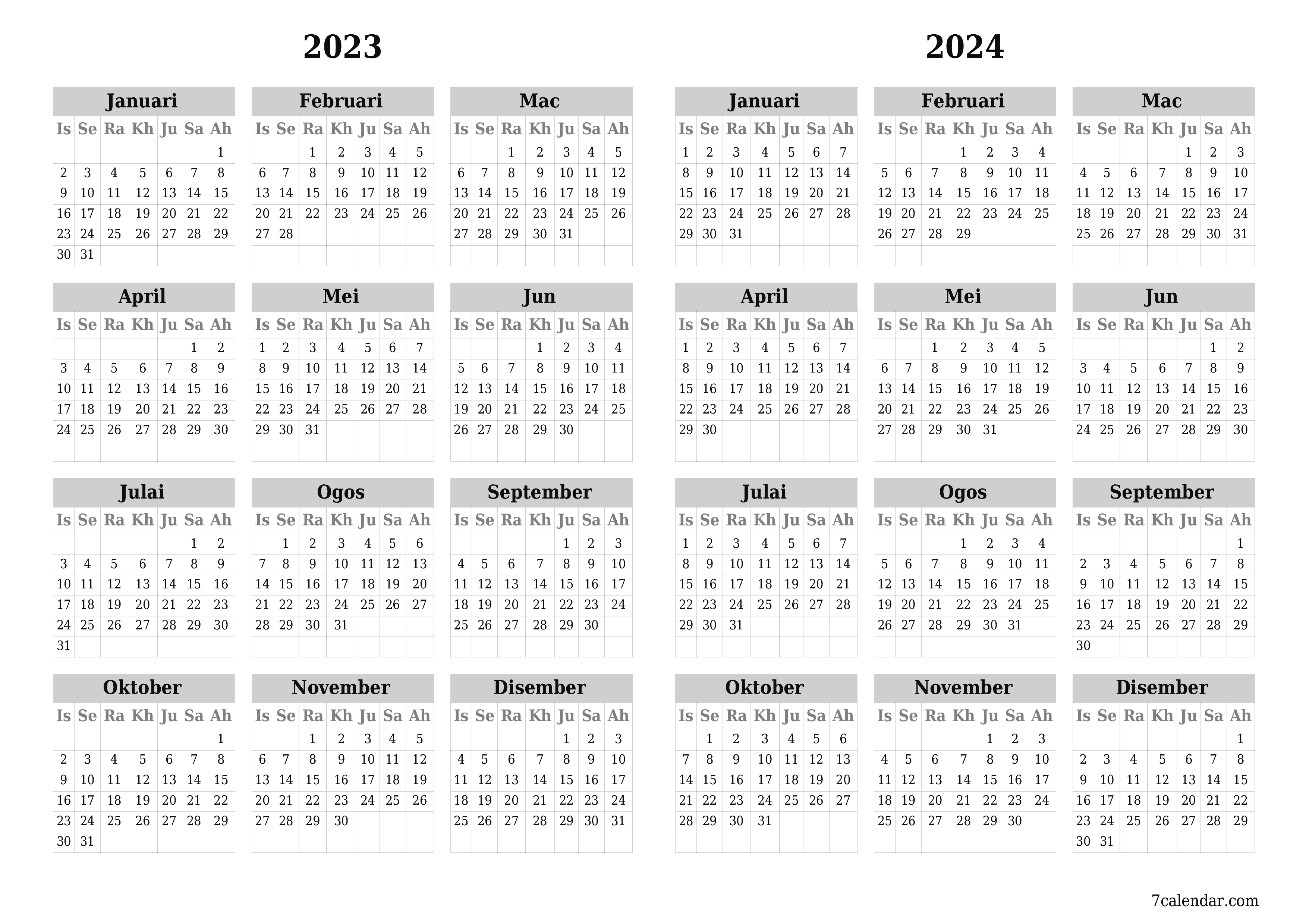 Kalendar tahunan kosong untuk tahun 2023, 2024 simpan dan cetak ke PDF PNG Malay - 7calendar.com