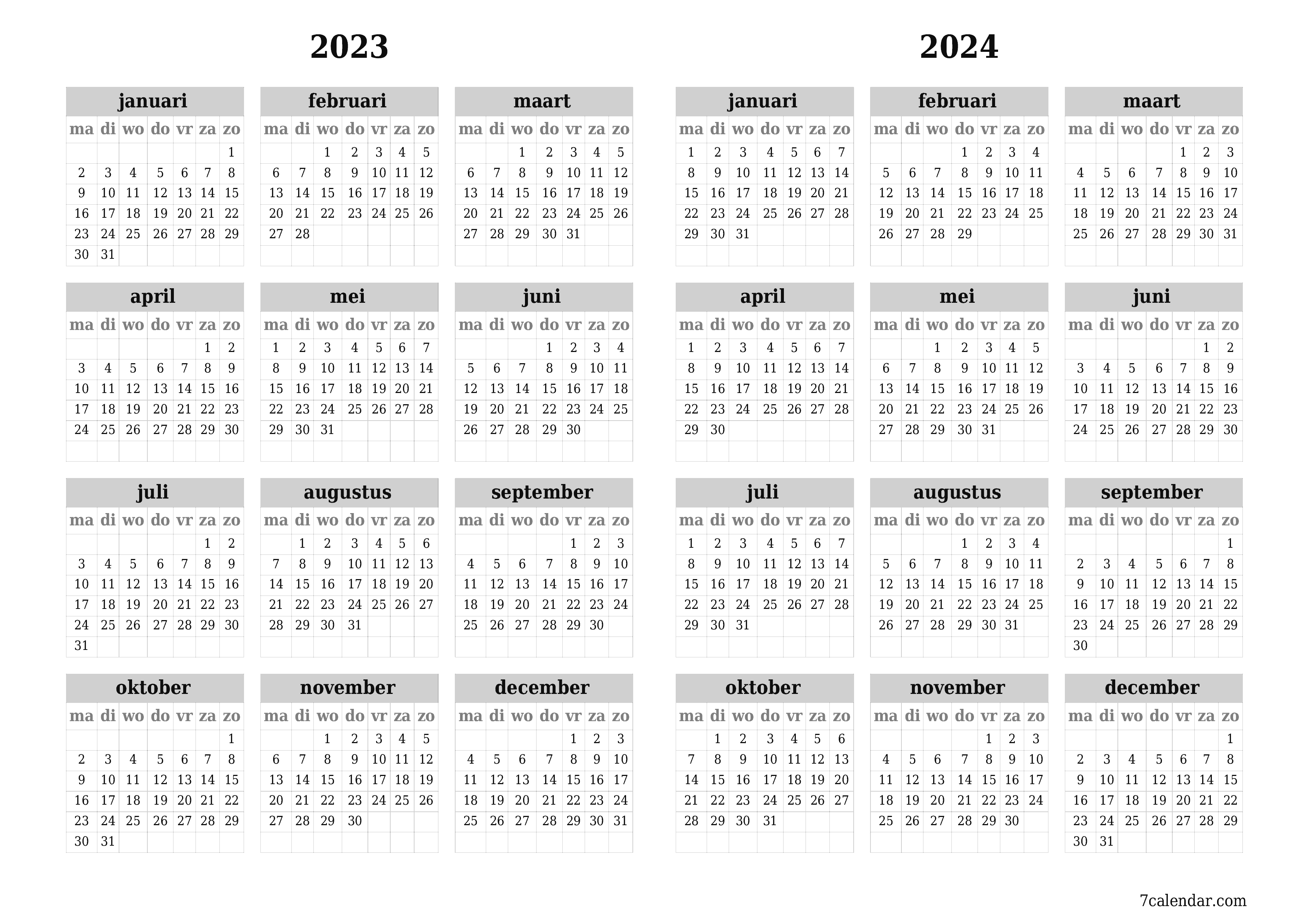 Blanco jaarkalender voor jaar 2023, 2024 opslaan en afdrukken naar pdf PNG Dutch - 7calendar.com