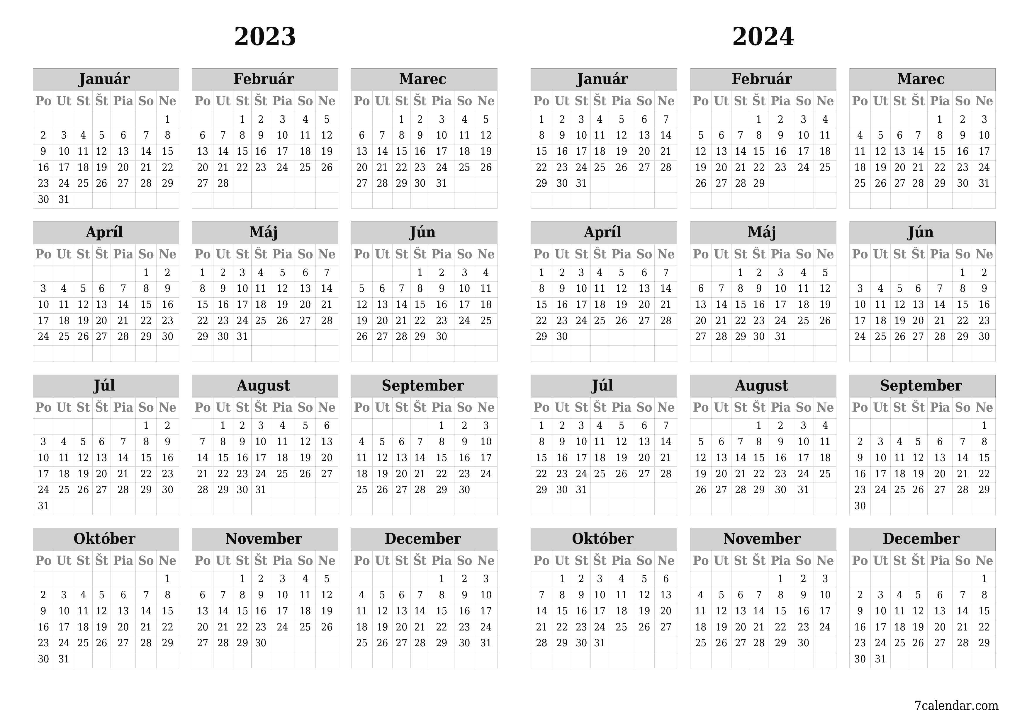 Prázdny ročný kalendár plánovača na rok 2023, 2024 s poznámkami, uložením a tlačou do formátu PDF PNG Slovak