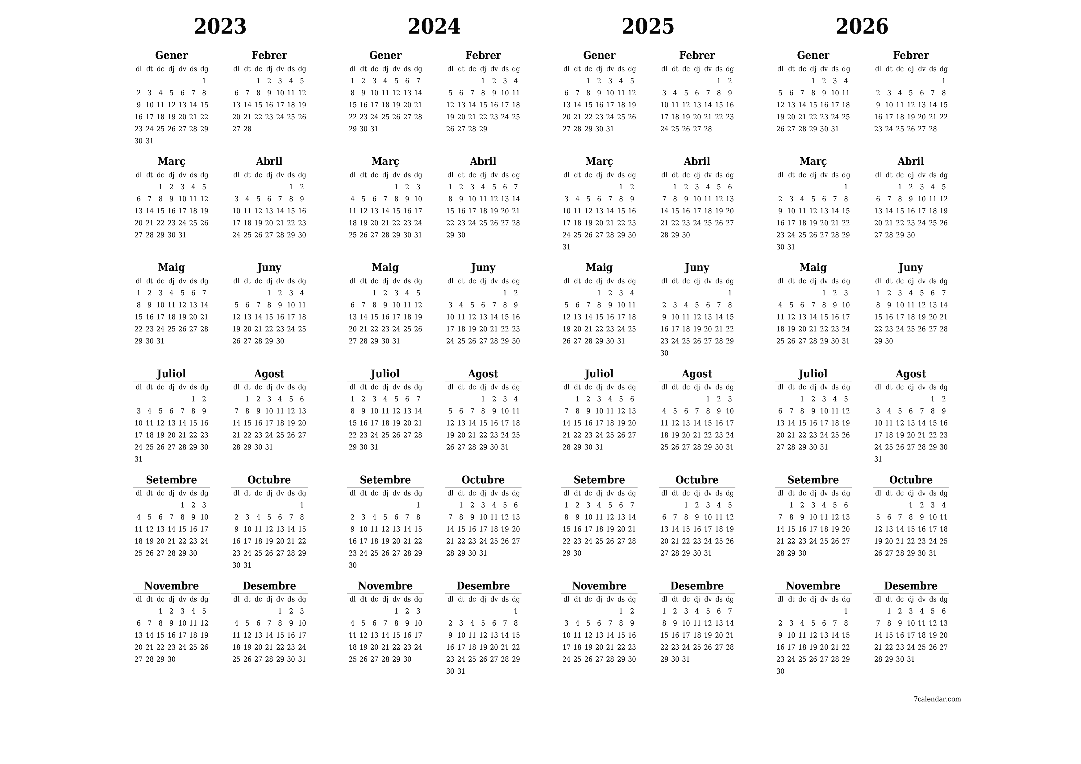 Planificador anual buit 2023, 2024, 2025, 2026 amb notes desades i imprimides en PDF PNG Catalan - 7calendar.com