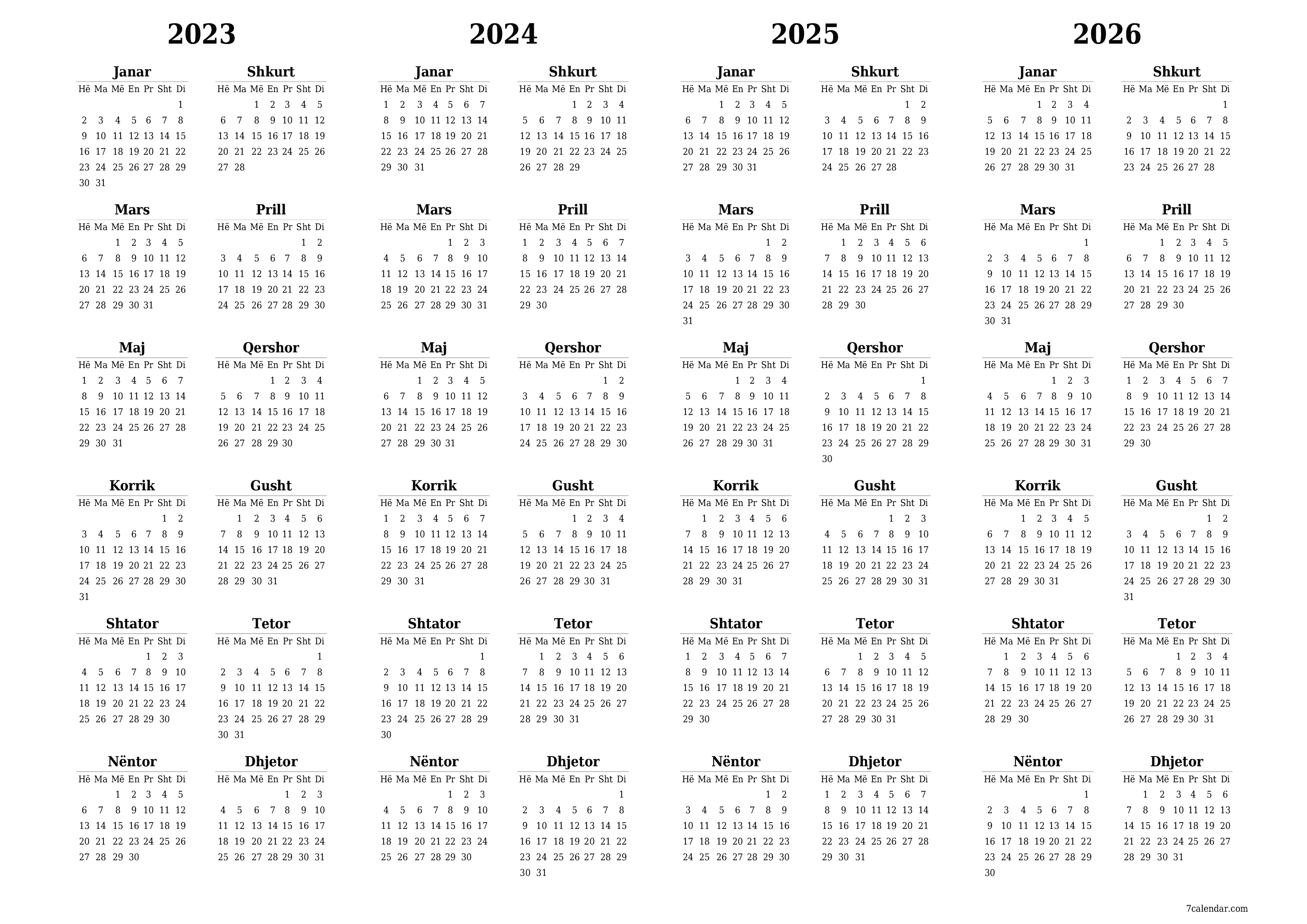 Planifikuesi bosh i kalendarit vjetor për vitin 2023, 2024, 2025, 2026 me shënime, ruani dhe printoni në PDF PNG Albanian - 7calendar.com