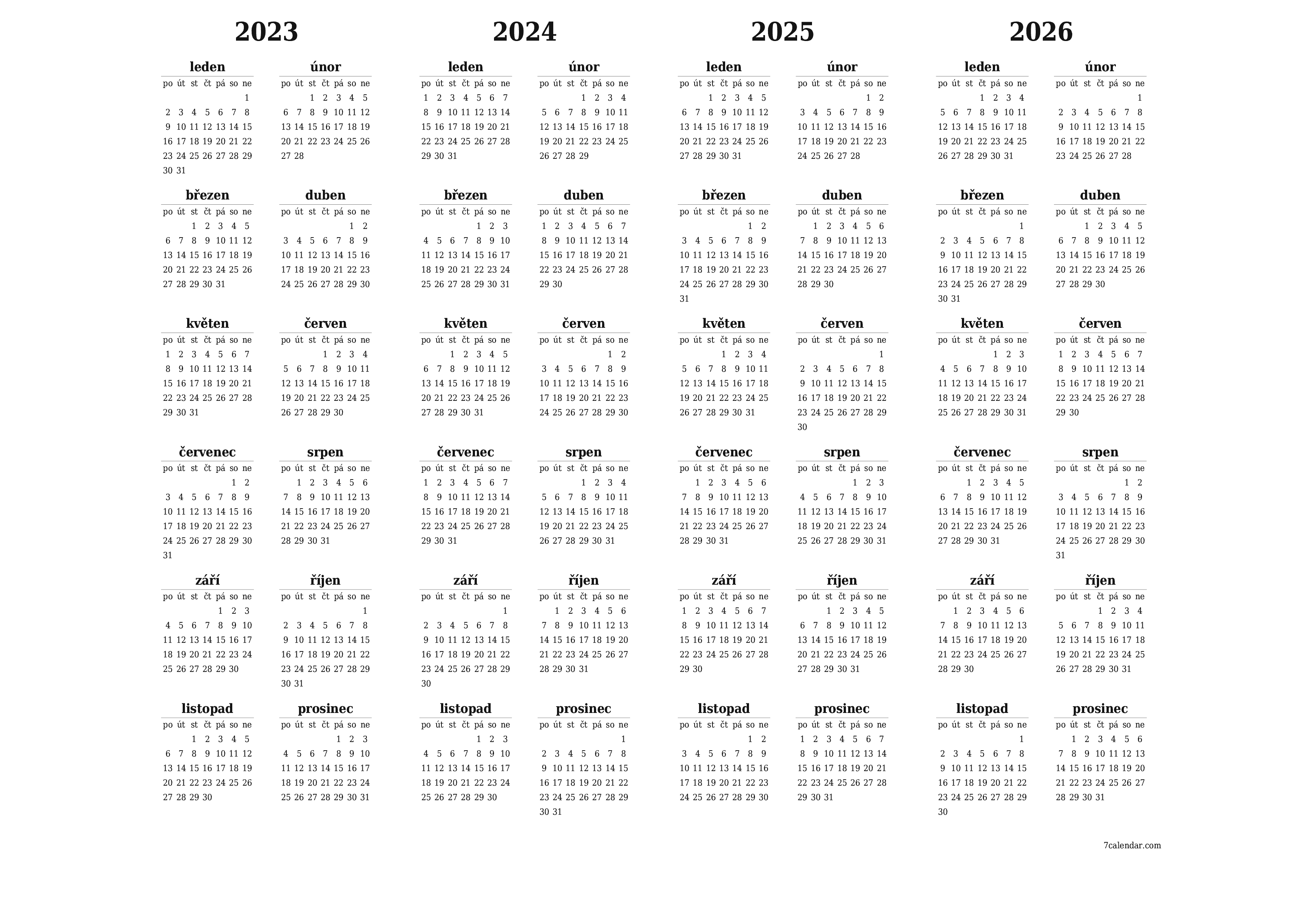 Prázdný roční kalendář plánovače pro rok 2023, 2024, 2025, 2026 s poznámkami, uložením a tiskem do PDF PNG Czech