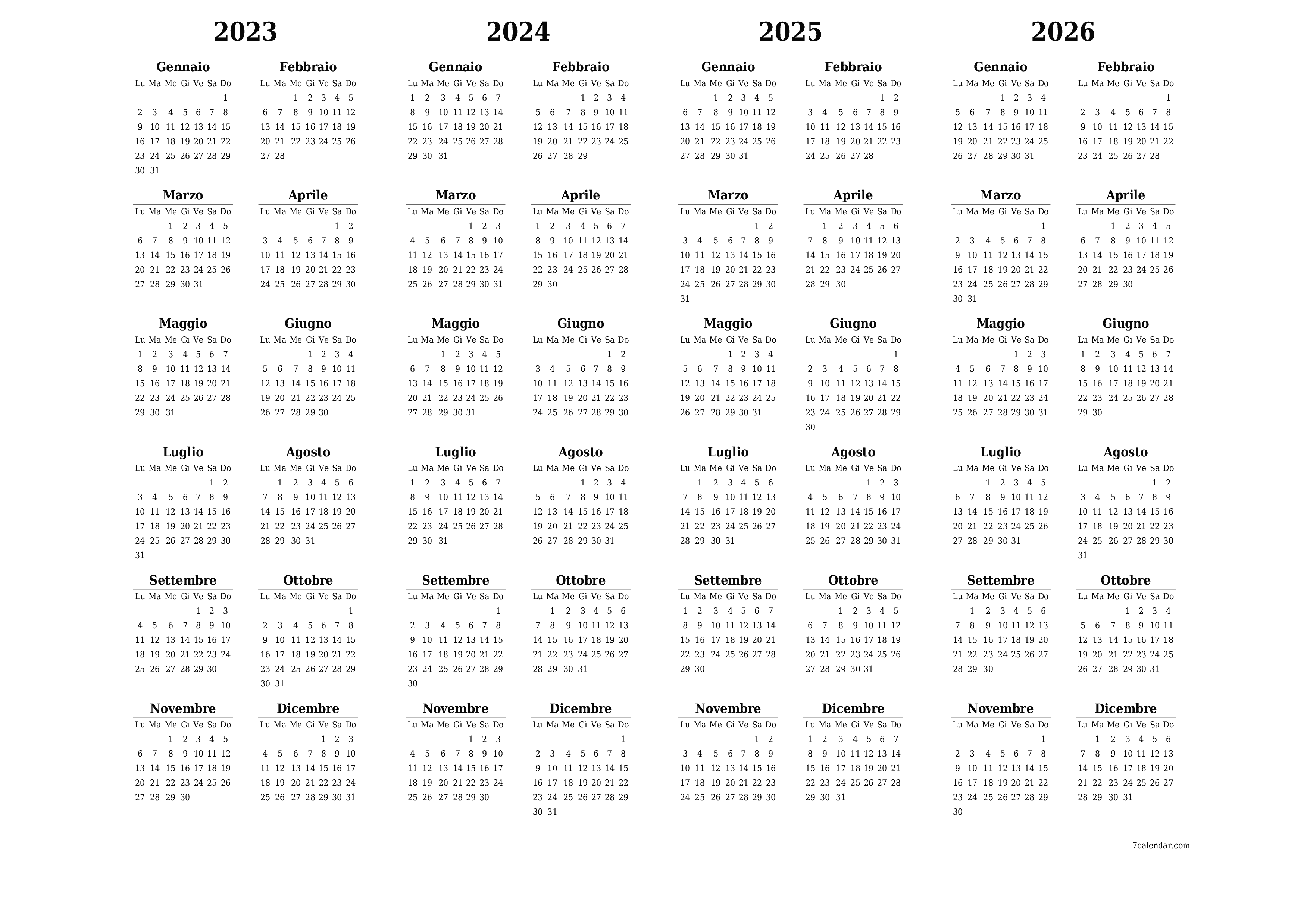 Calendario annuale vuoto per l'anno 2023, 2024, 2025, 2026 salva e stampa in PDF PNG Italian - 7calendar.com