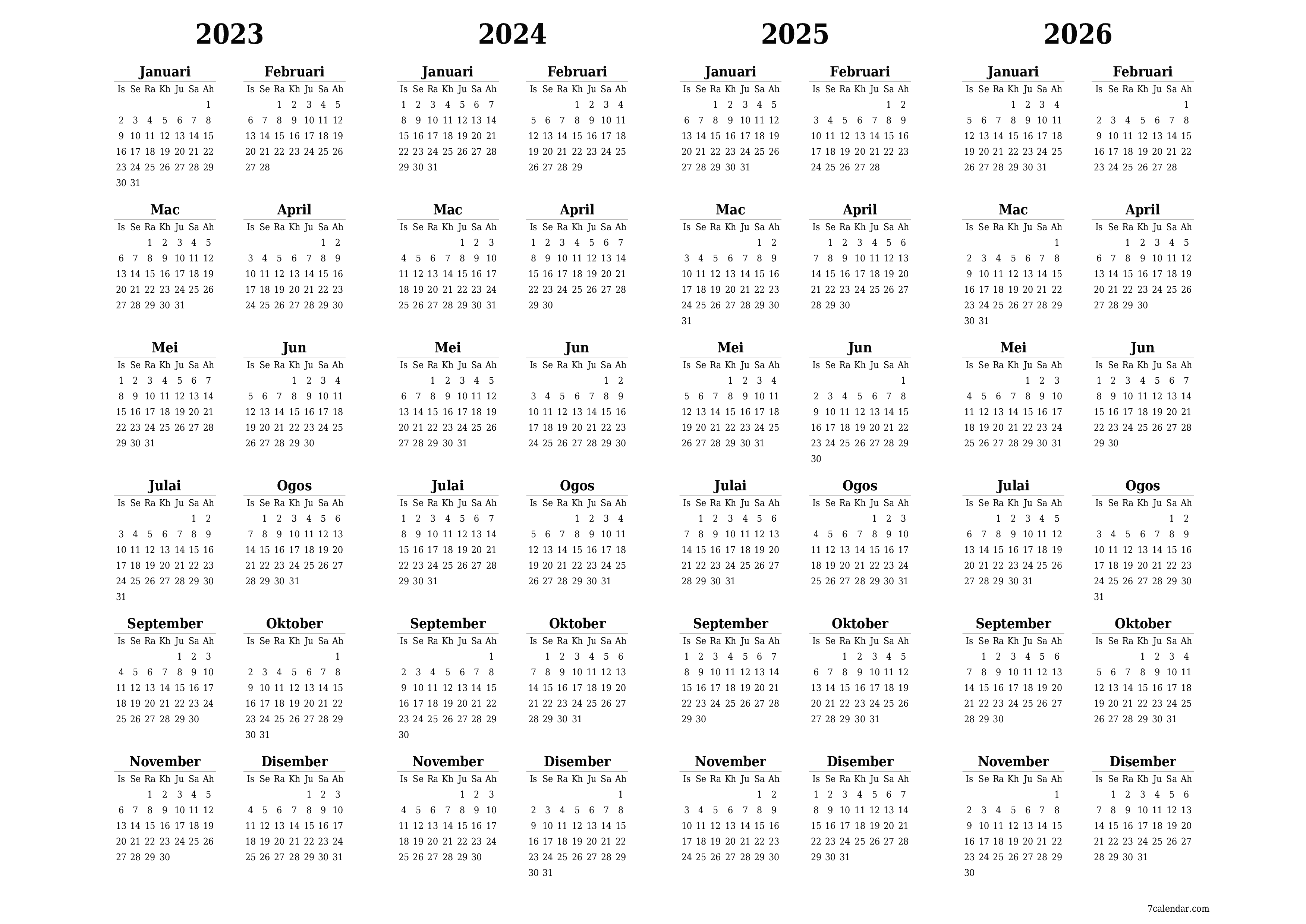 Kalendar tahunan kosong untuk tahun 2023, 2024, 2025, 2026 simpan dan cetak ke PDF PNG Malay - 7calendar.com