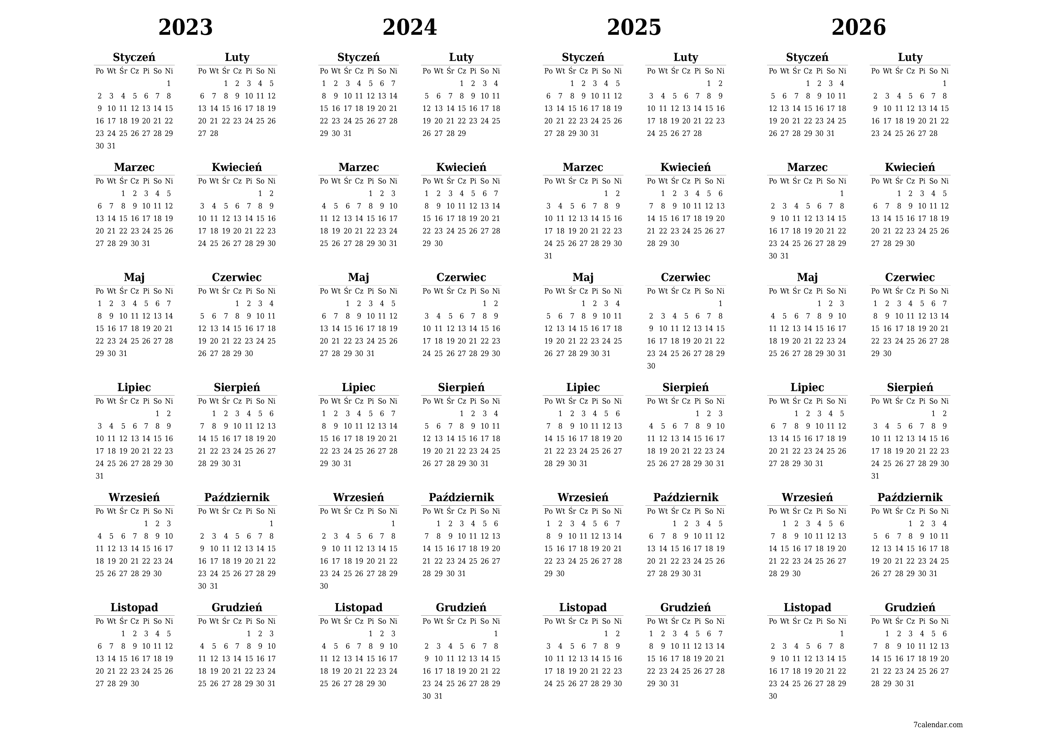 Pusty kalendarz roczny na rok 2023, 2024, 2025, 2026 zapisywanie i drukowanie w formacie PDF PNG Polish - 7calendar.com