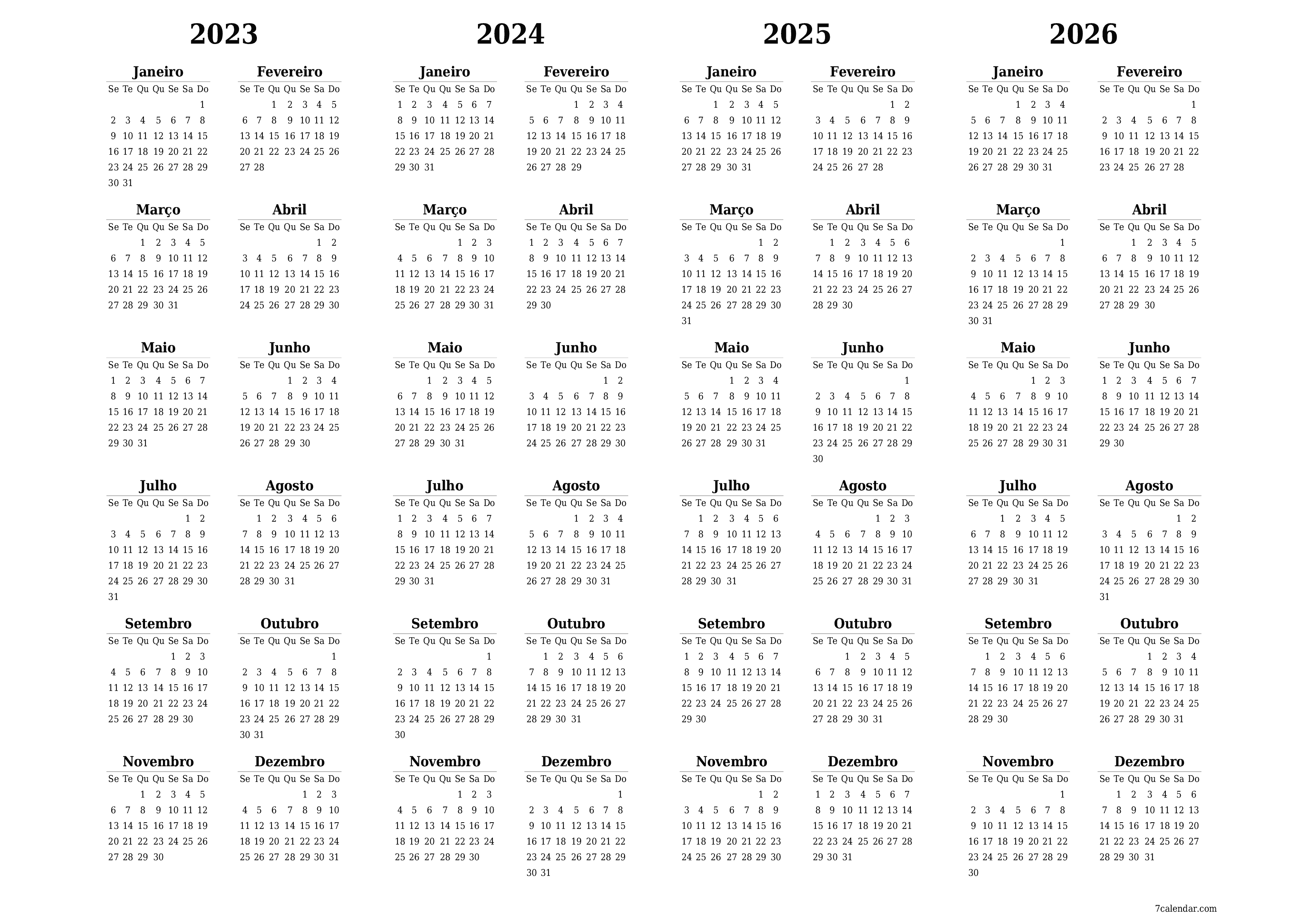 Calendário de planejador anual vazio para o ano 2023, 2024, 2025, 2026 com notas, salve e imprima em PDF PNG Portuguese
