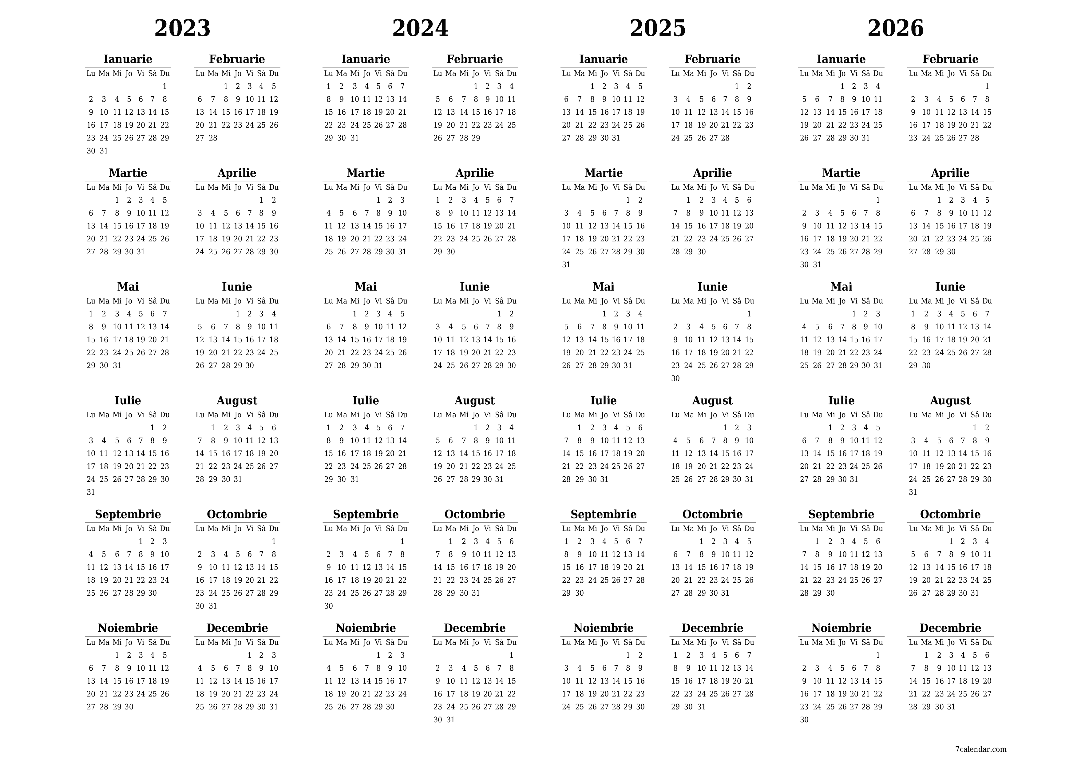 Calendar anual gol pentru anul 2023, 2024, 2025, 2026 salvați și imprimați în format PDF PNG Romanian - 7calendar.com