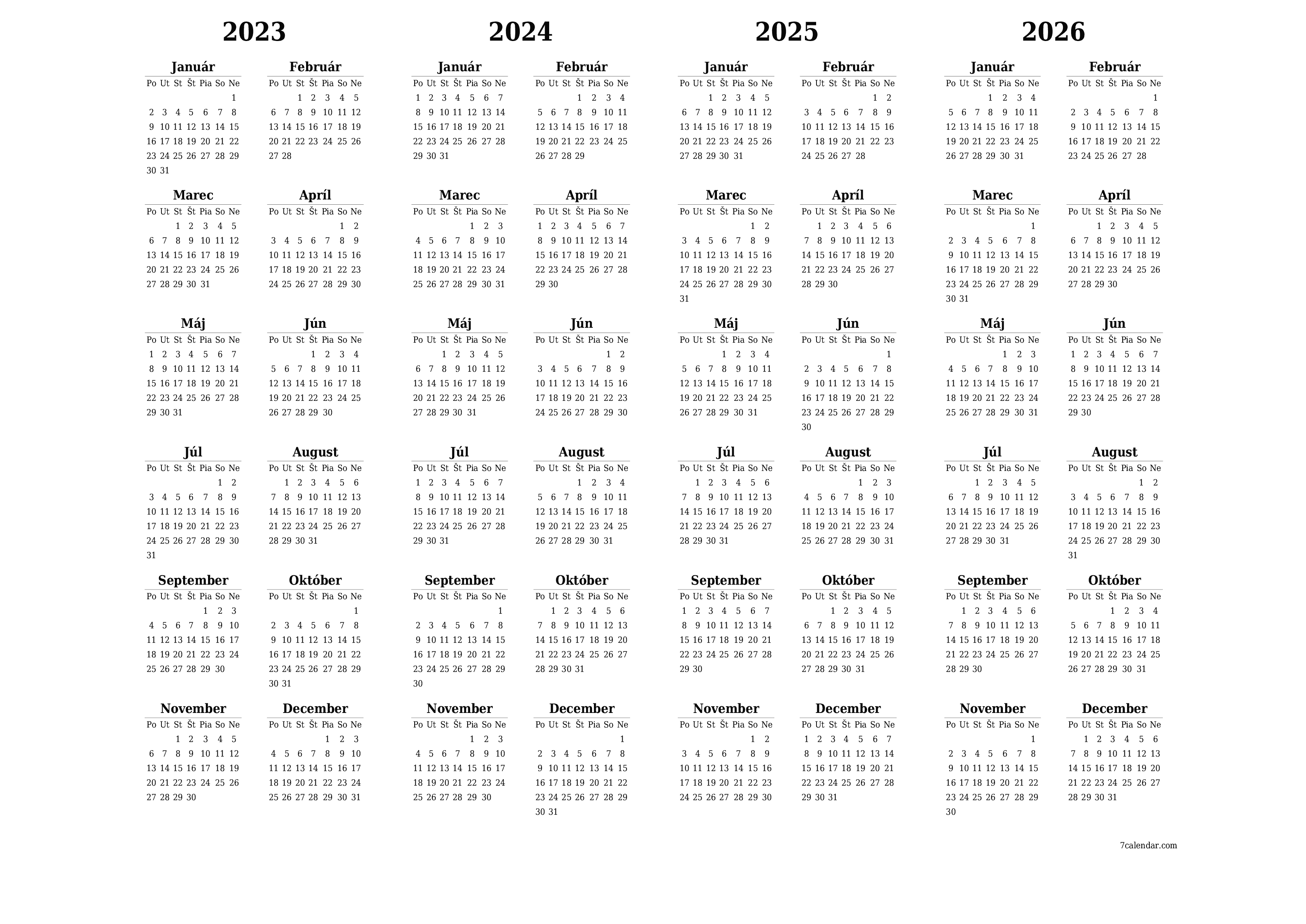 Prázdny ročný kalendár plánovača na rok 2023, 2024, 2025, 2026 s poznámkami, uložením a tlačou do formátu PDF PNG Slovak