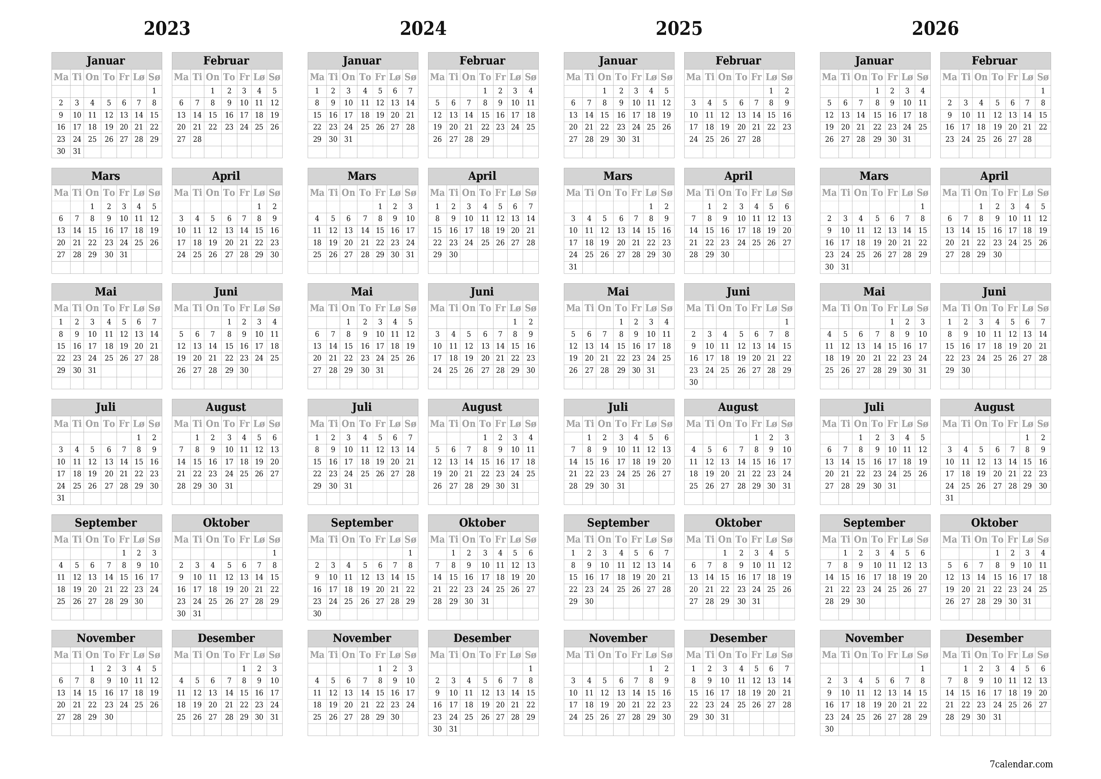 Tom årlig planleggerkalender for året 2023, 2024, 2025, 2026 med notater, lagre og skrive ut i PDF PNG Norwegian
