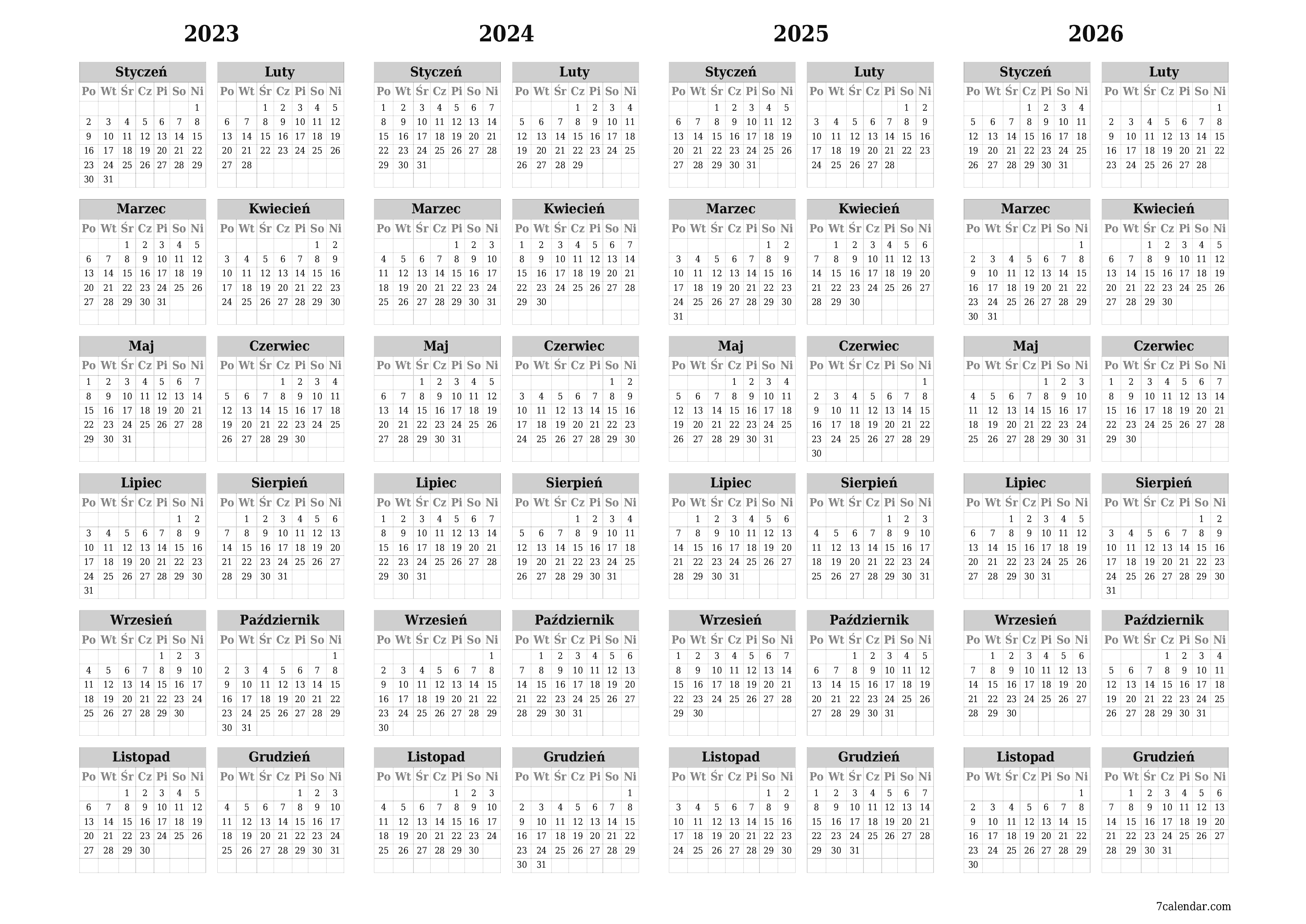 Opróżnij kalendarz rocznego planowania na rok 2023, 2024, 2025, 2026 z notatkami, zapisz i wydrukuj w formacie PDF PNG Polish - 7calendar.com