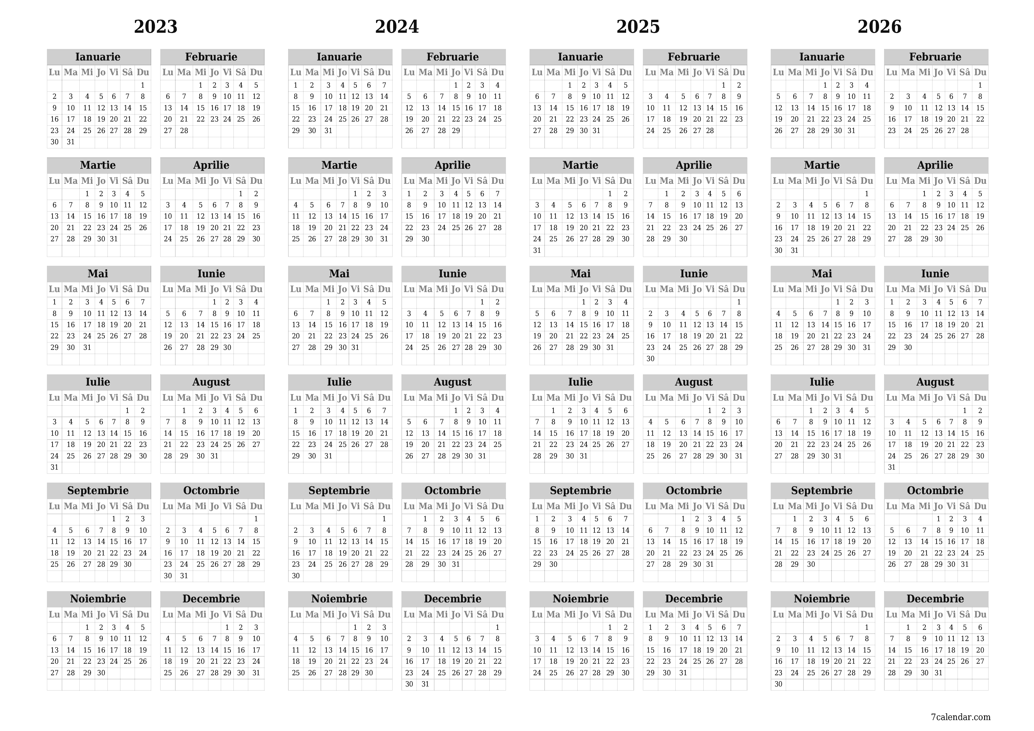 Goliți calendarul anual al planificatorului pentru anul 2023, 2024, 2025, 2026 cu note, salvați și tipăriți în PDF PNG Romanian - 7calendar.com
