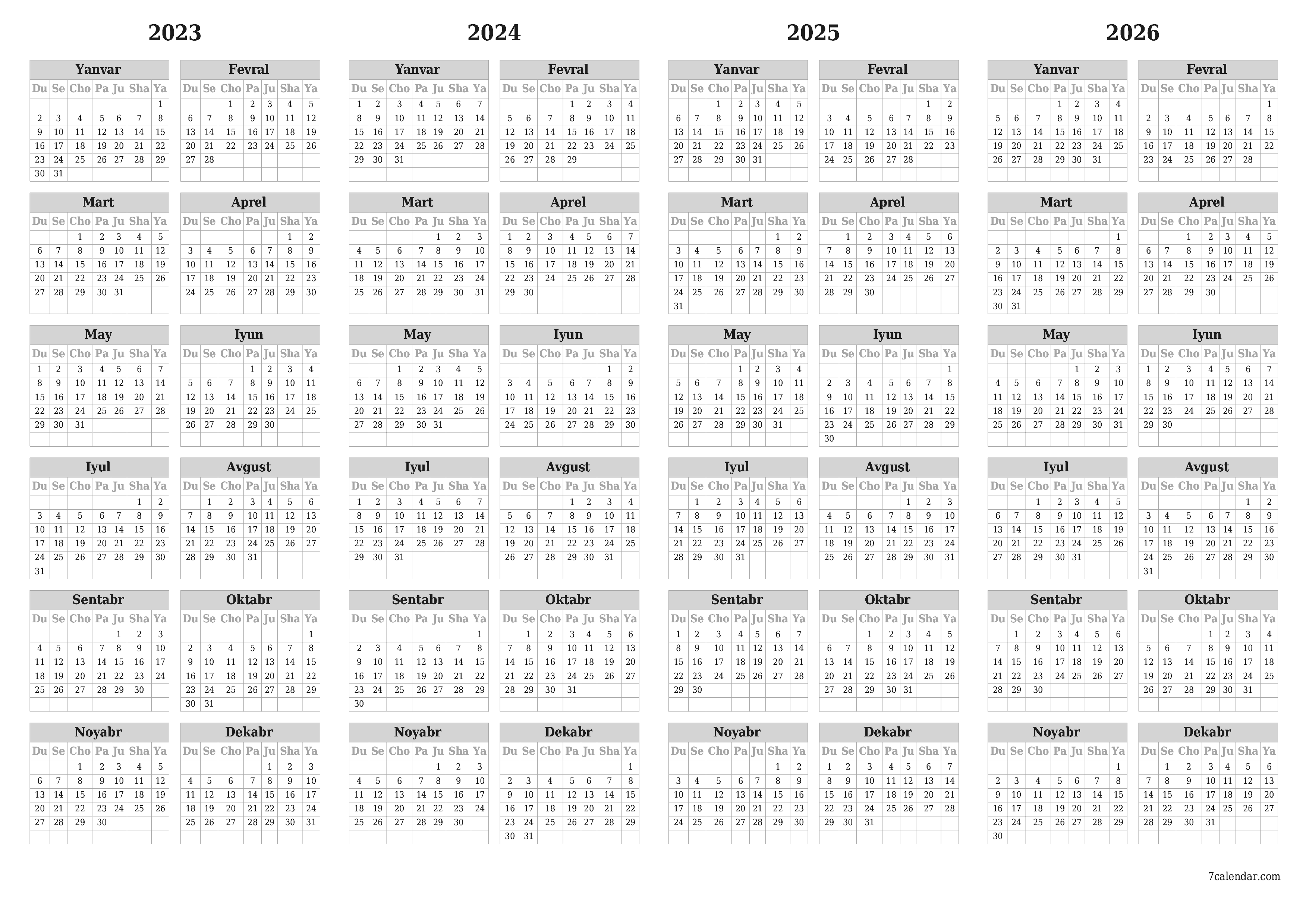 chop etiladigan devor taqvimi shabloni bepul gorizontal Yillik kalendar Sentabr (Sen) 2023