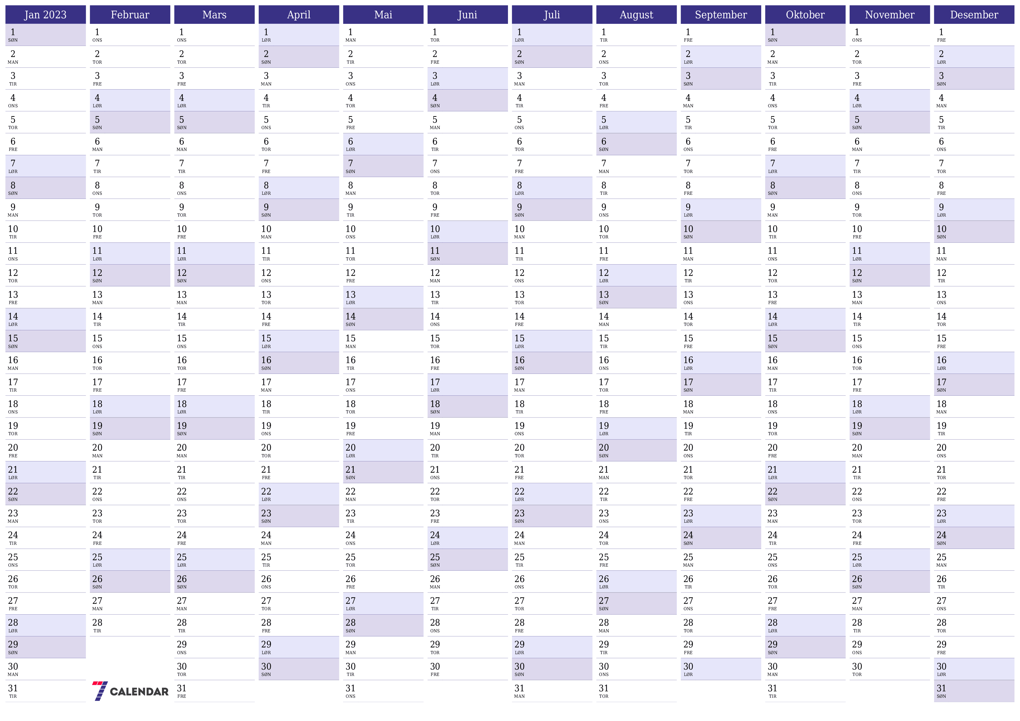 Tom årlig planleggerkalender for året 2023 med notater, lagre og skrive ut i PDF PNG Norwegian
