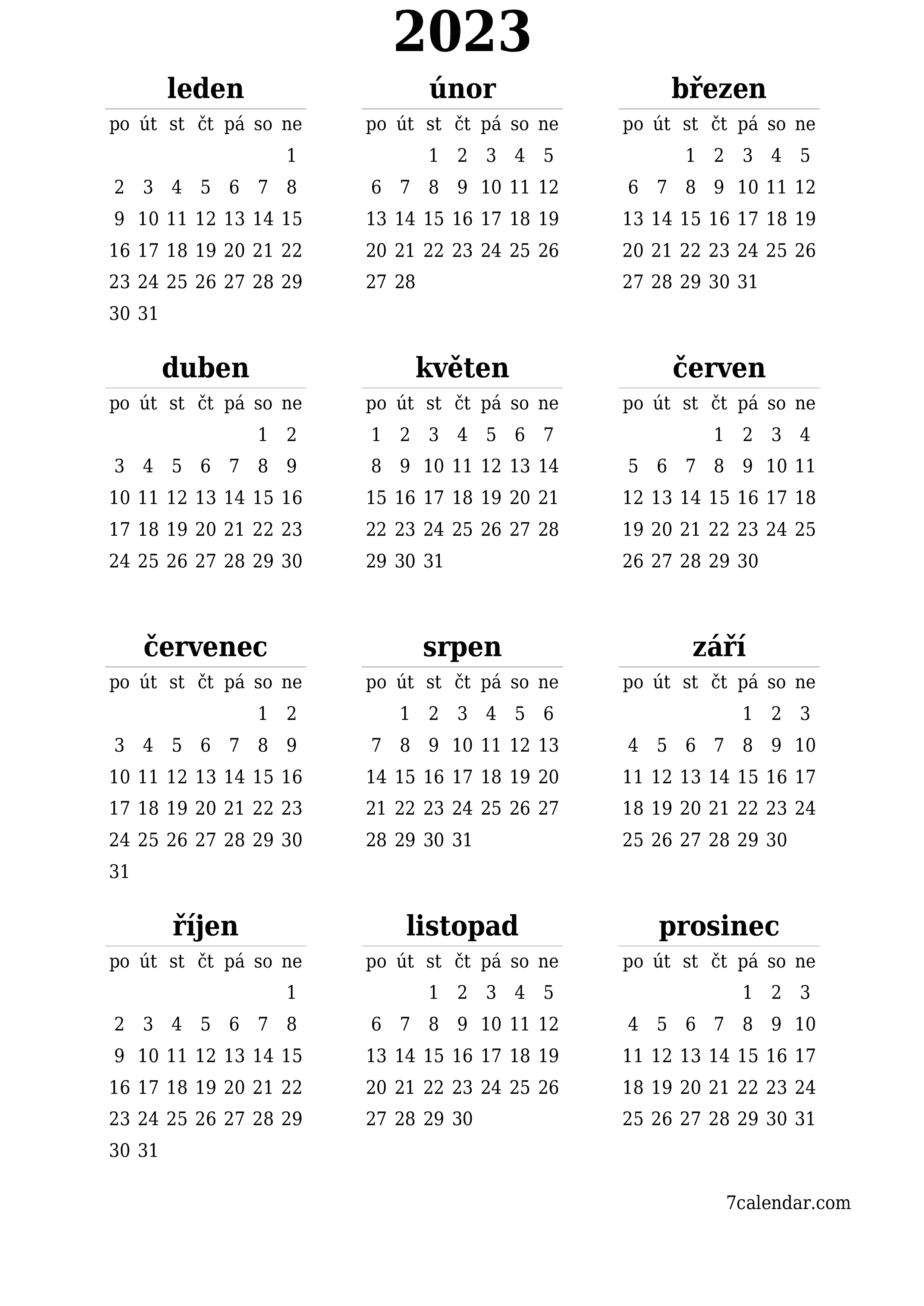 Prázdný roční kalendář plánovače pro rok 2023 s poznámkami, uložením a tiskem do PDF PNG Czech