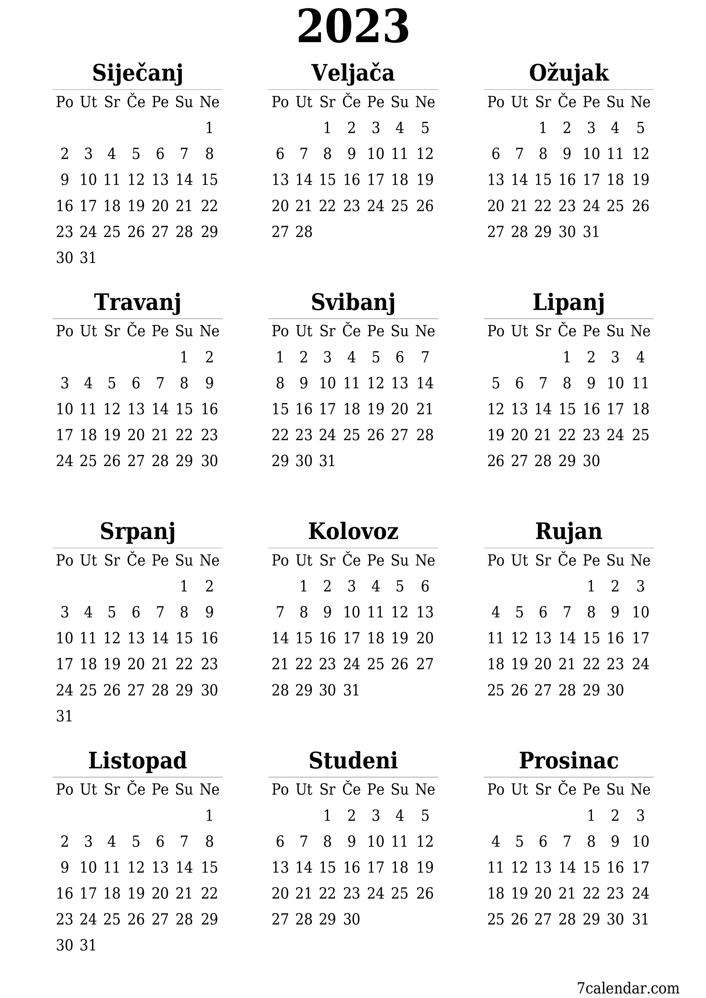Prazan godišnji kalendar za godinu 2023 spremite i ispišite u PDF PNG Croatian - 7calendar.com