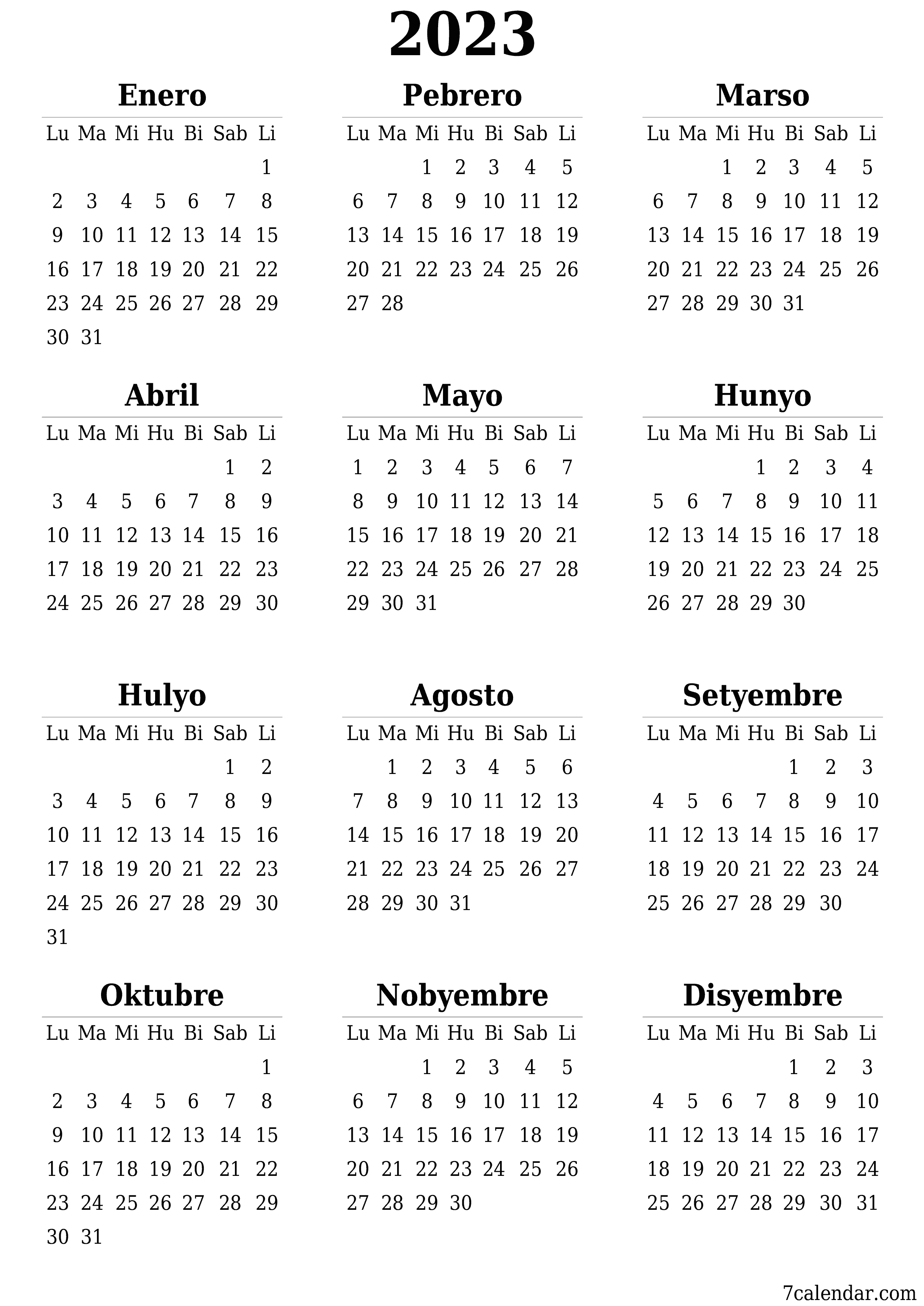 Walang laman ang taunang kalendaryo ng tagaplano para sa taong 2023 na may mga tala, i-save at i-print sa PDF PNG Filipino - 7calendar.com