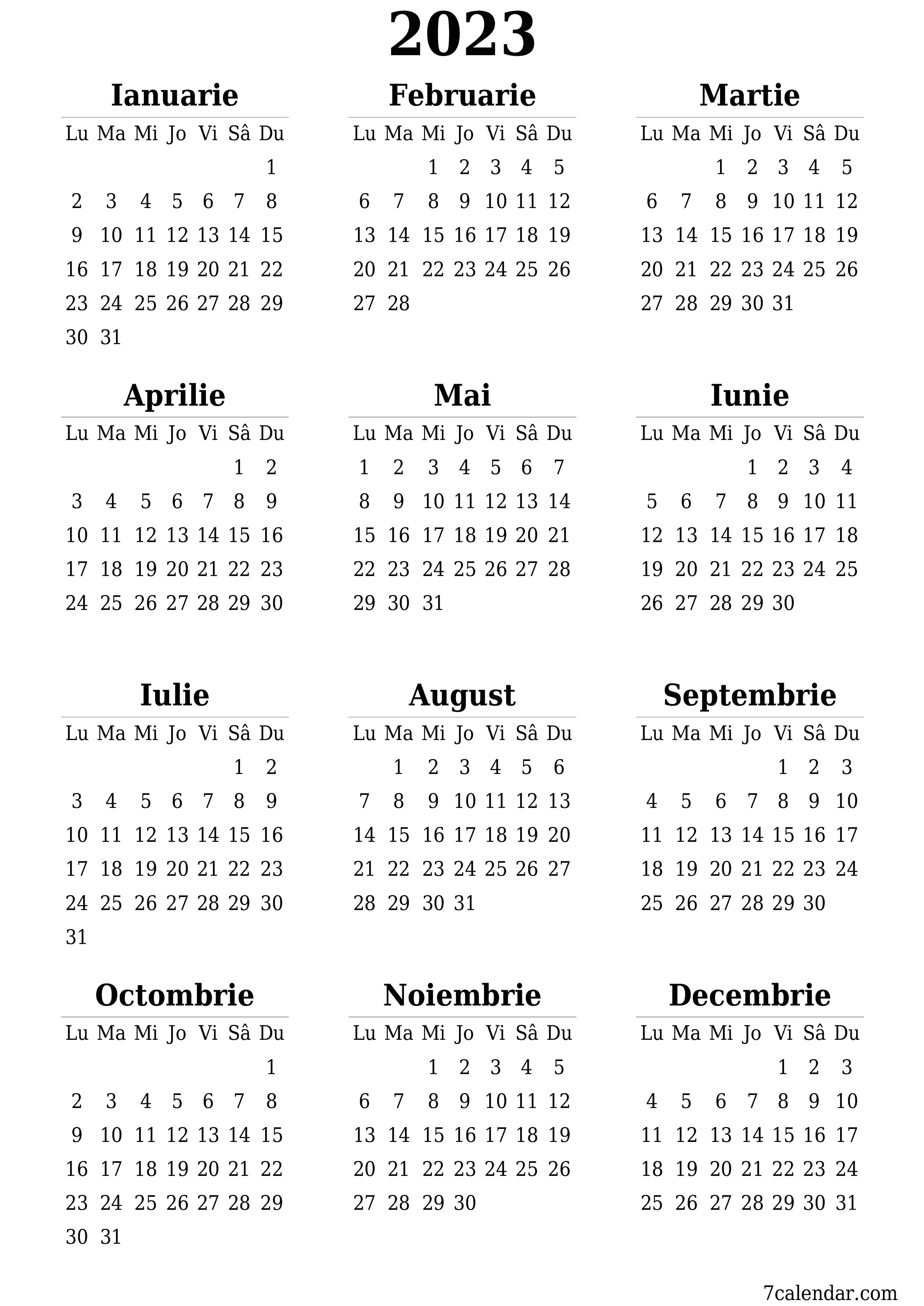 Calendar anual gol pentru anul 2023 salvați și imprimați în format PDF PNG Romanian - 7calendar.com