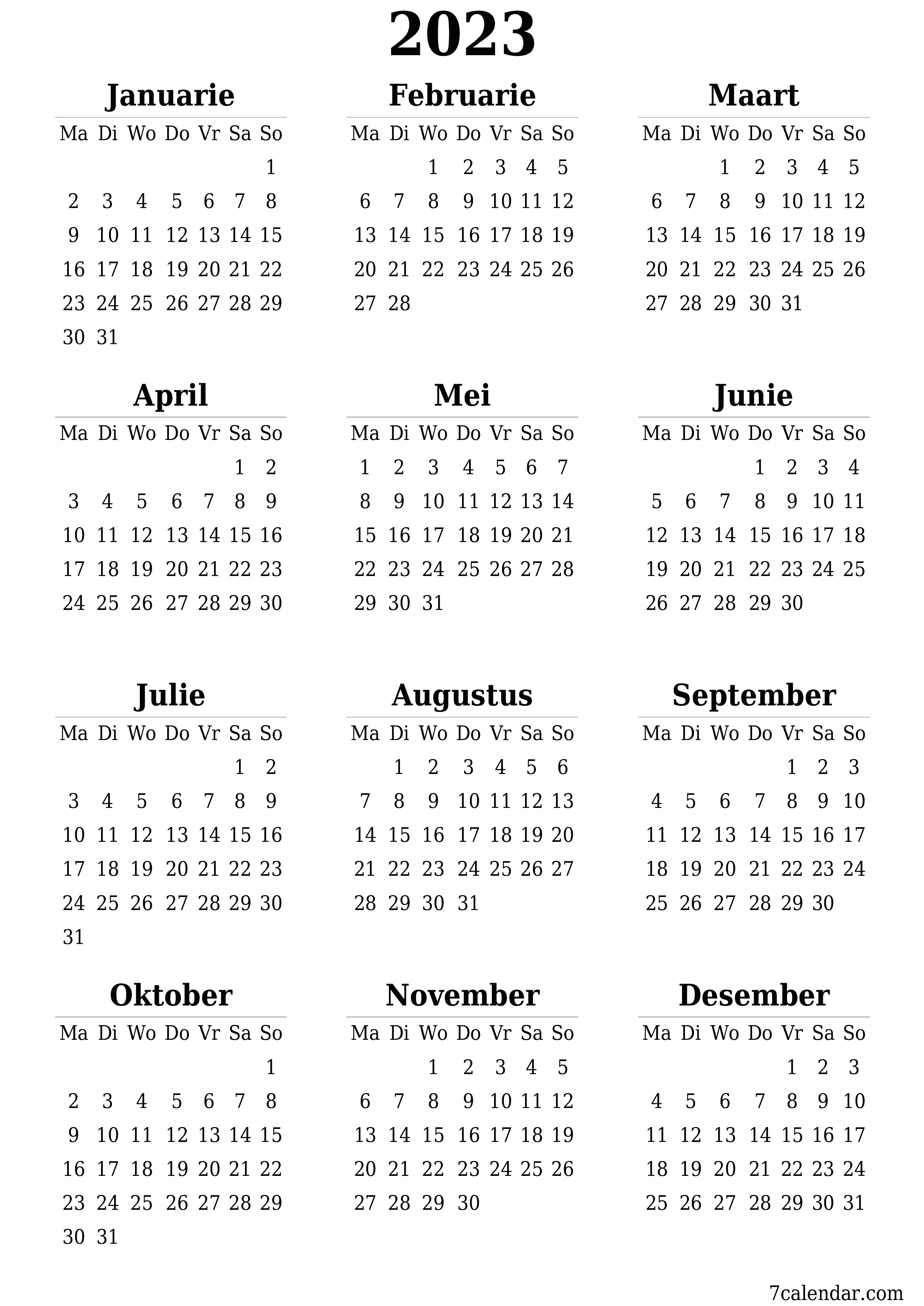 Leë jaarlikse drukbare kalender en beplanner vir die jaar 2023 met notas, stoor en druk na PDF PNG Afrikaans - 7calendar.com