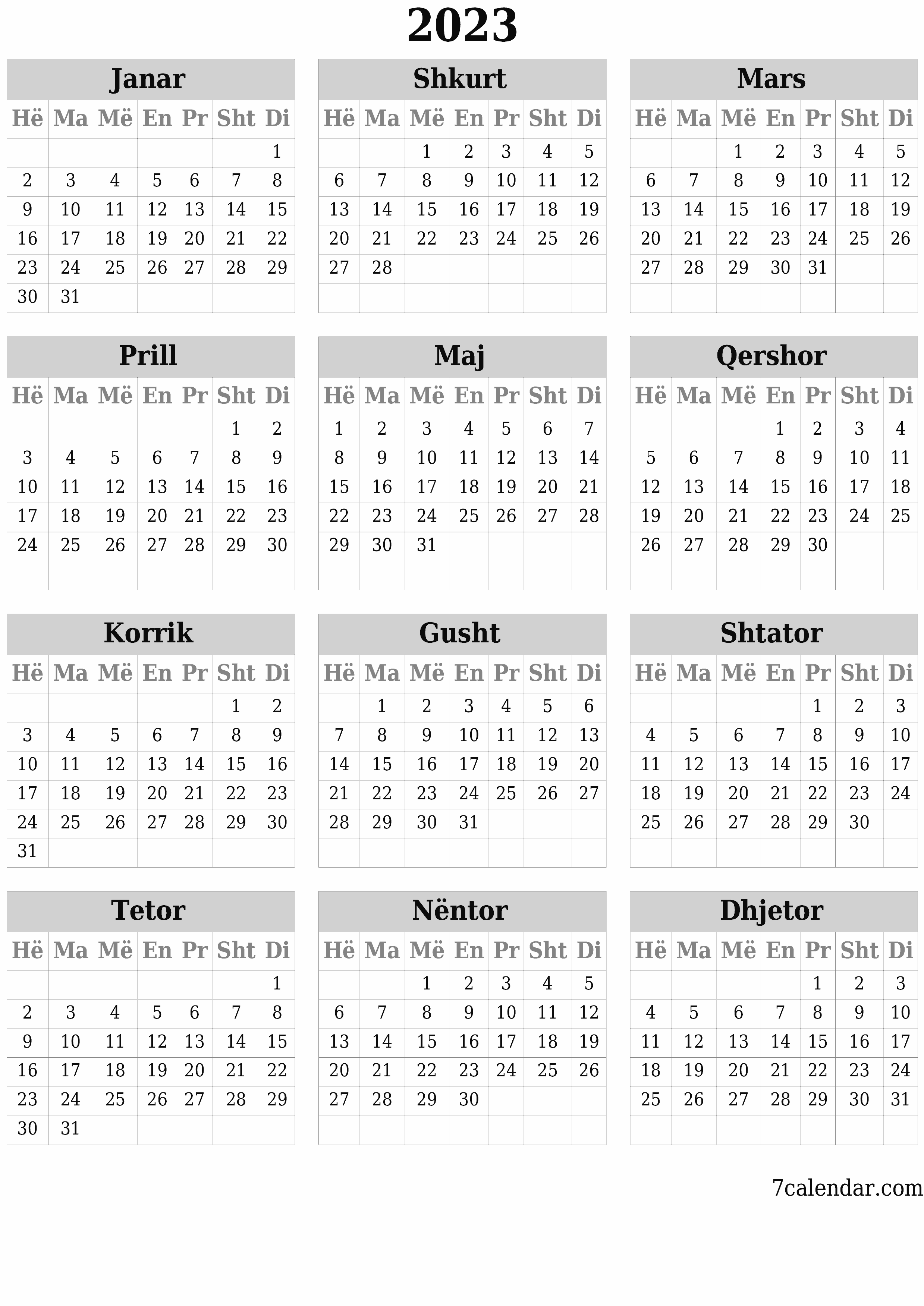 Planifikuesi bosh i kalendarit vjetor për vitin 2023 me shënime, ruani dhe printoni në PDF PNG Albanian