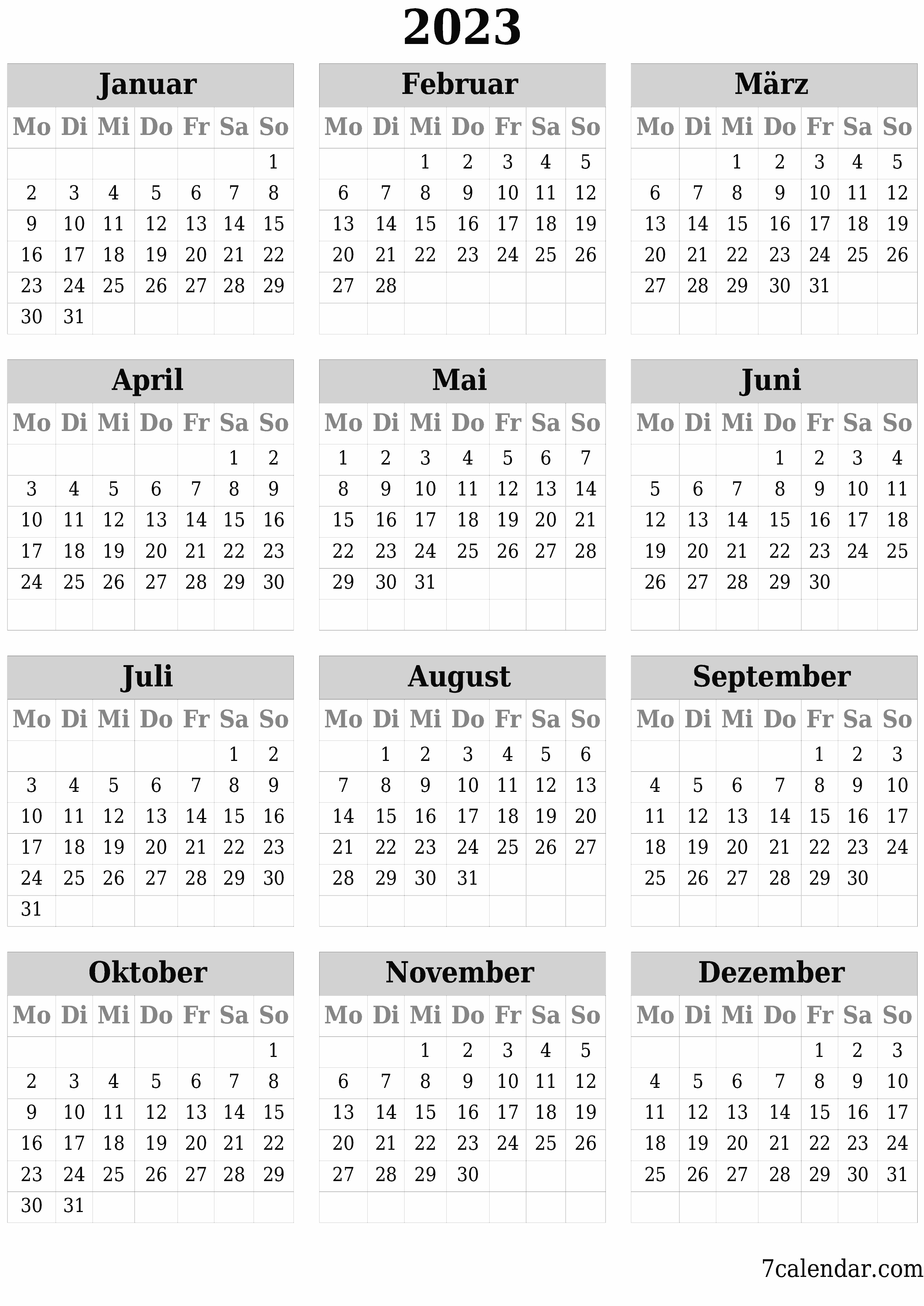Leerer Jahreskalender für das Jahr 2023 speichern und als PDF PNG German - 7calendar.com drucken