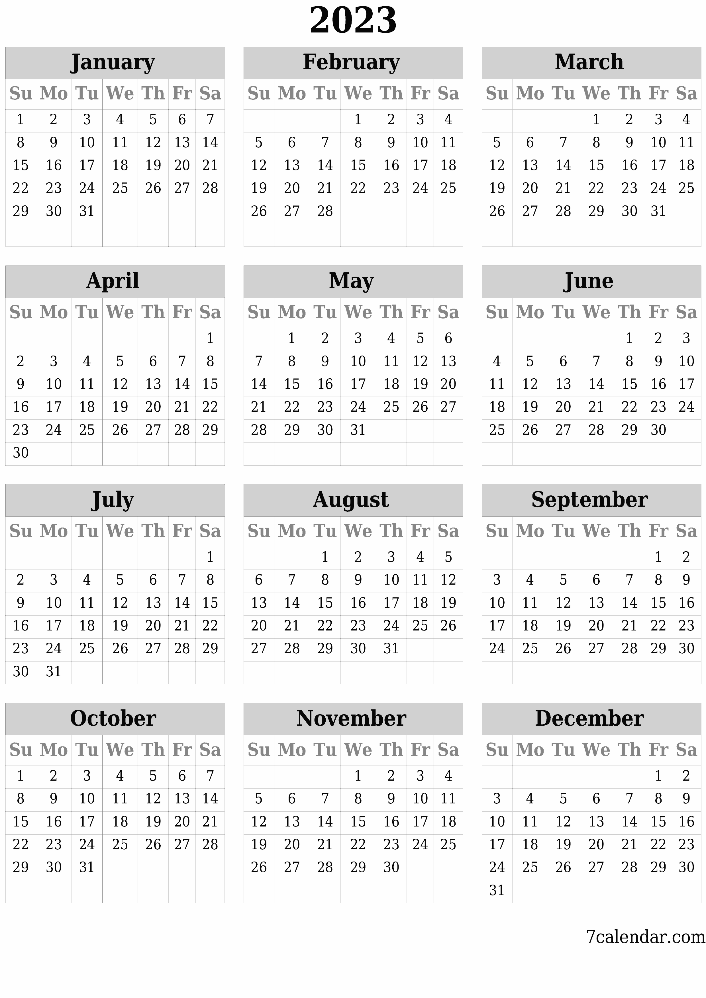 Blank yearly printable calendar and planner for the year 2023 with notes, save and print to PDF PNG English - 7calendar.com