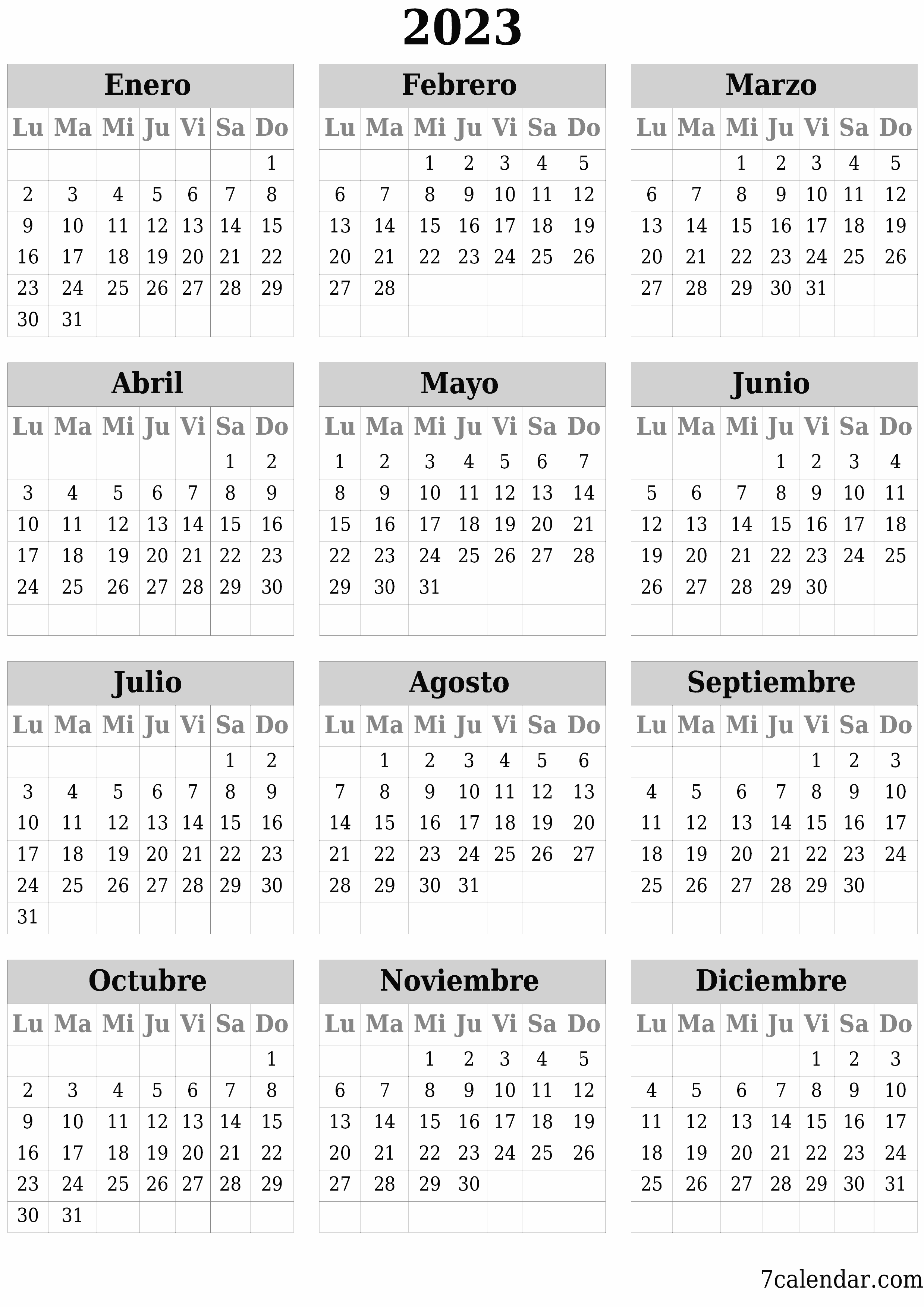 Calendario anual en blanco para el año 2023 guardar e imprimir en PDF PNG Spanish - 7calendar.com